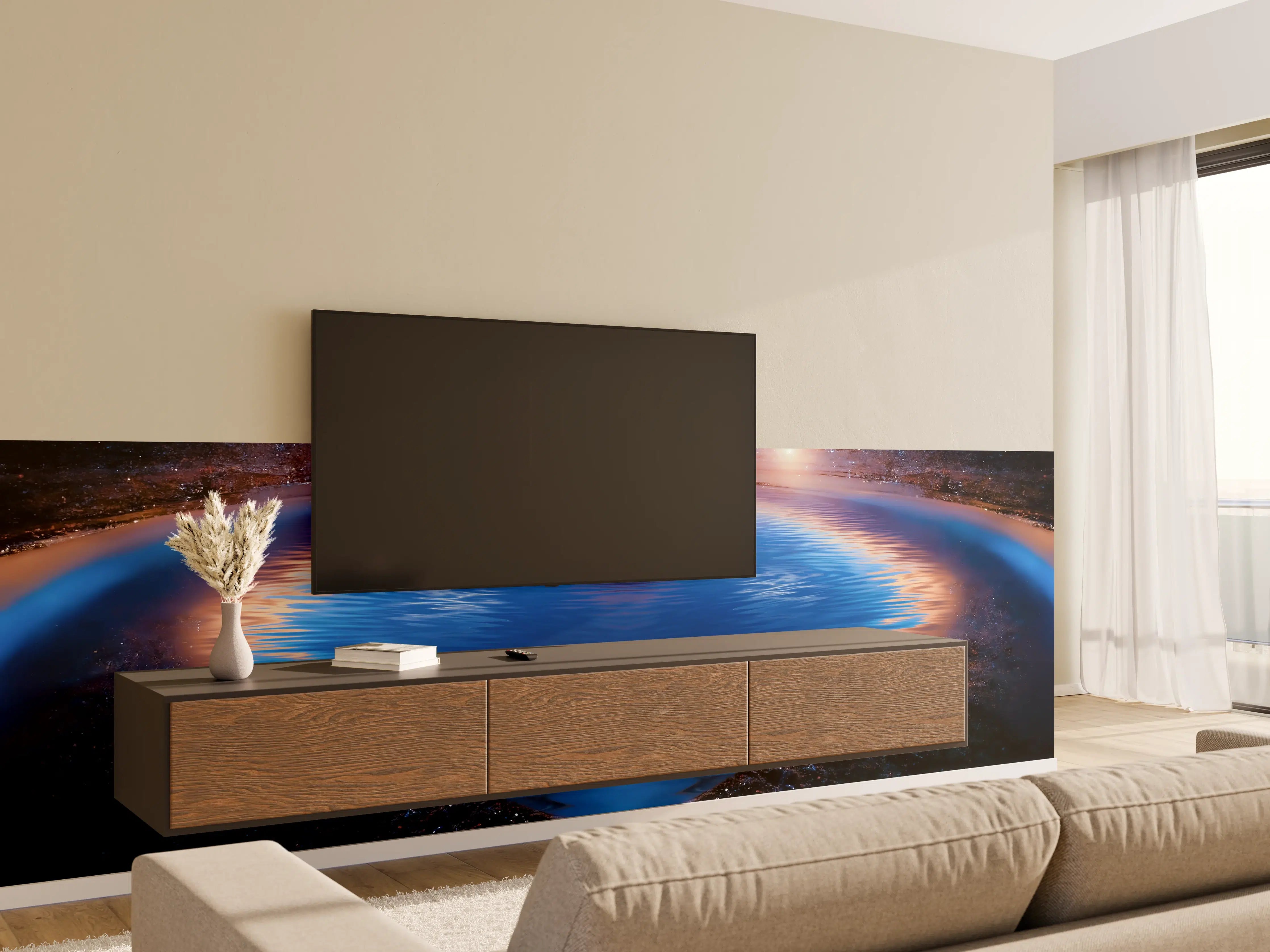 Wandverkleidung Wohnzimmer - Spektakulärer Blick ins Weltall mit Wasser-Reflexion