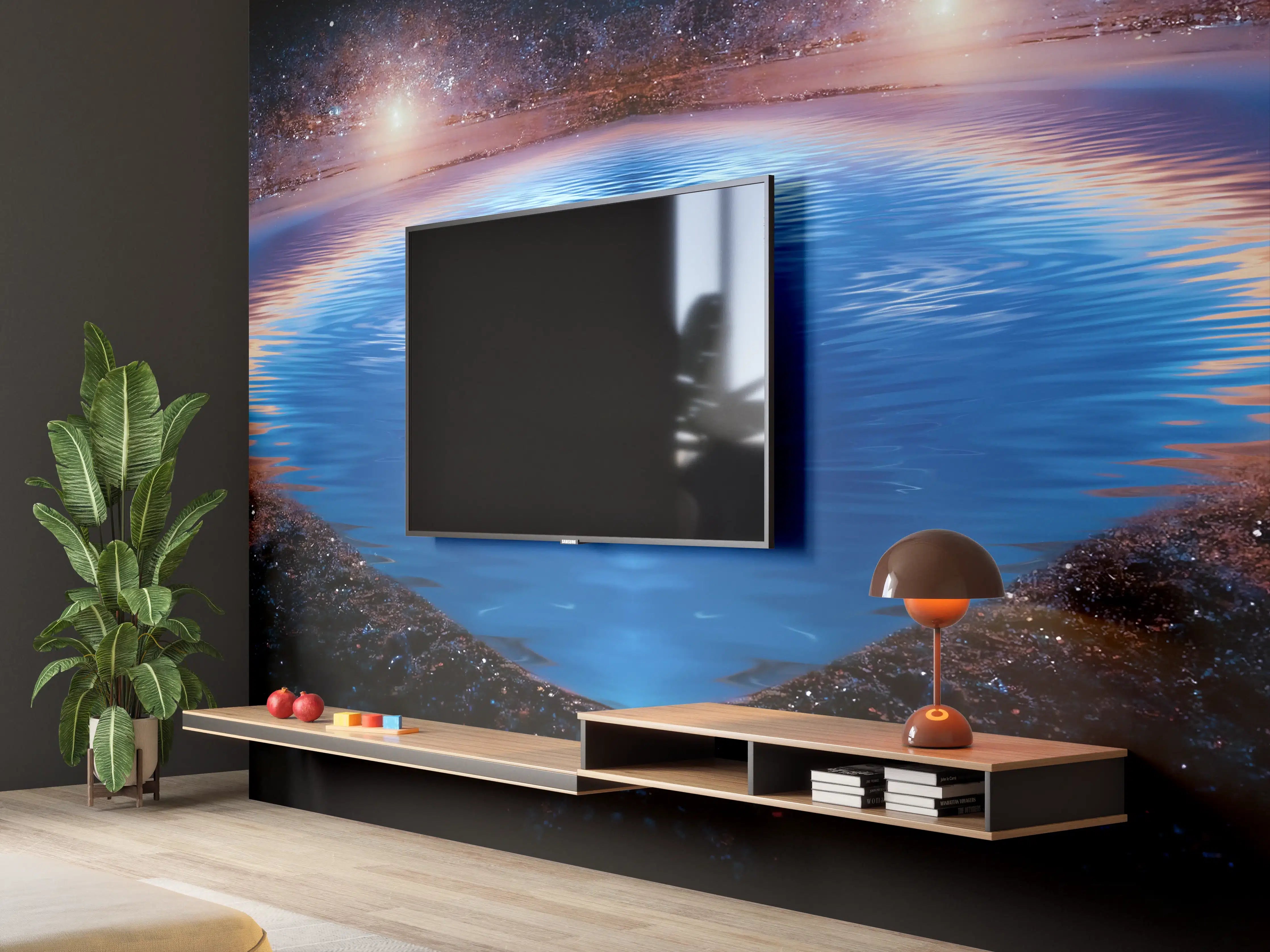 Wandverkleidung Wohnzimmer - Spektakulärer Blick ins Weltall mit Wasser-Reflexion