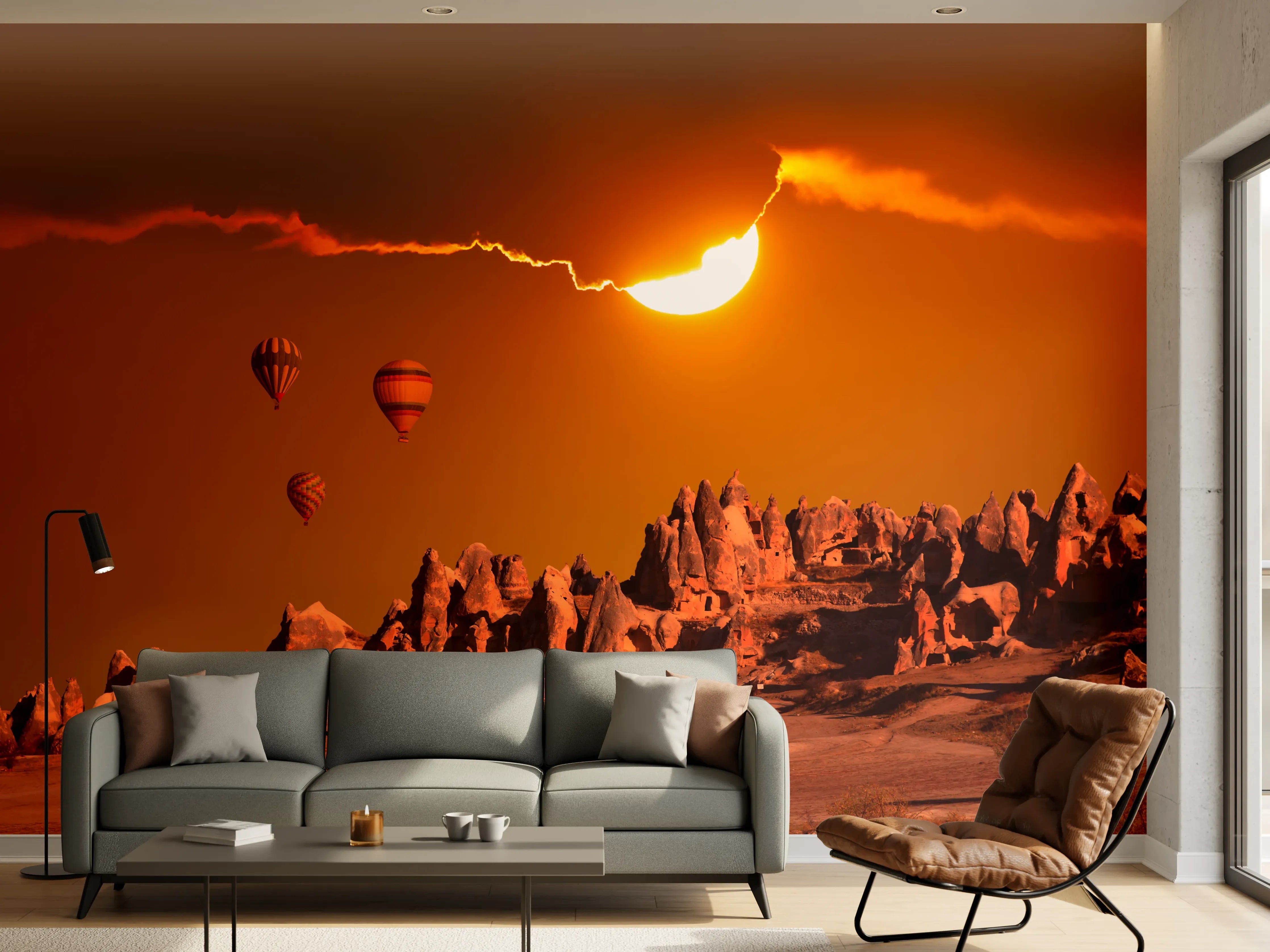 Wandverkleidung Wohnzimmer - Spektakulärer Sonnenuntergang mit Heißluftballons