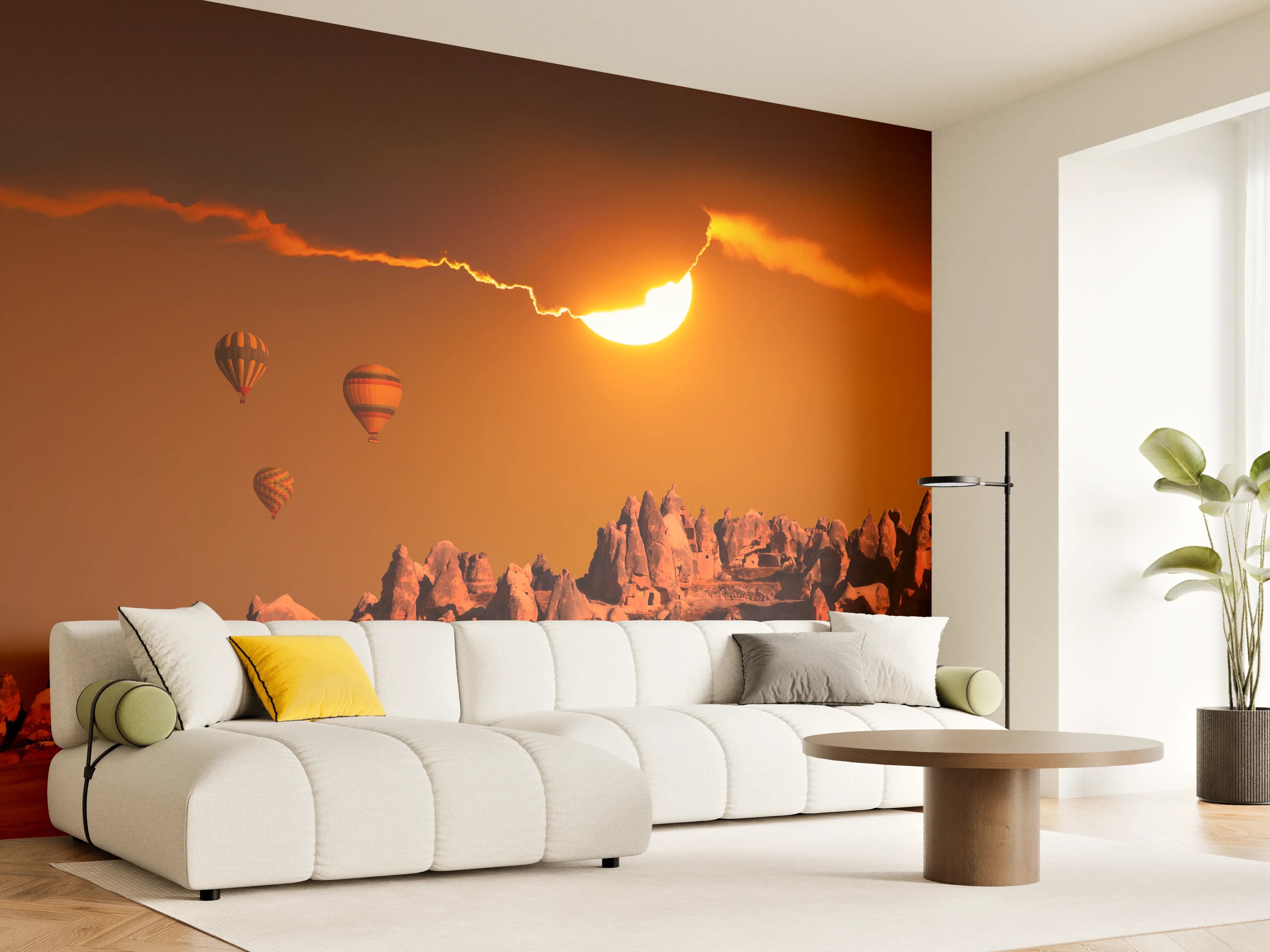 Wandverkleidung Wohnzimmer - Spektakulärer Sonnenuntergang mit Heißluftballons