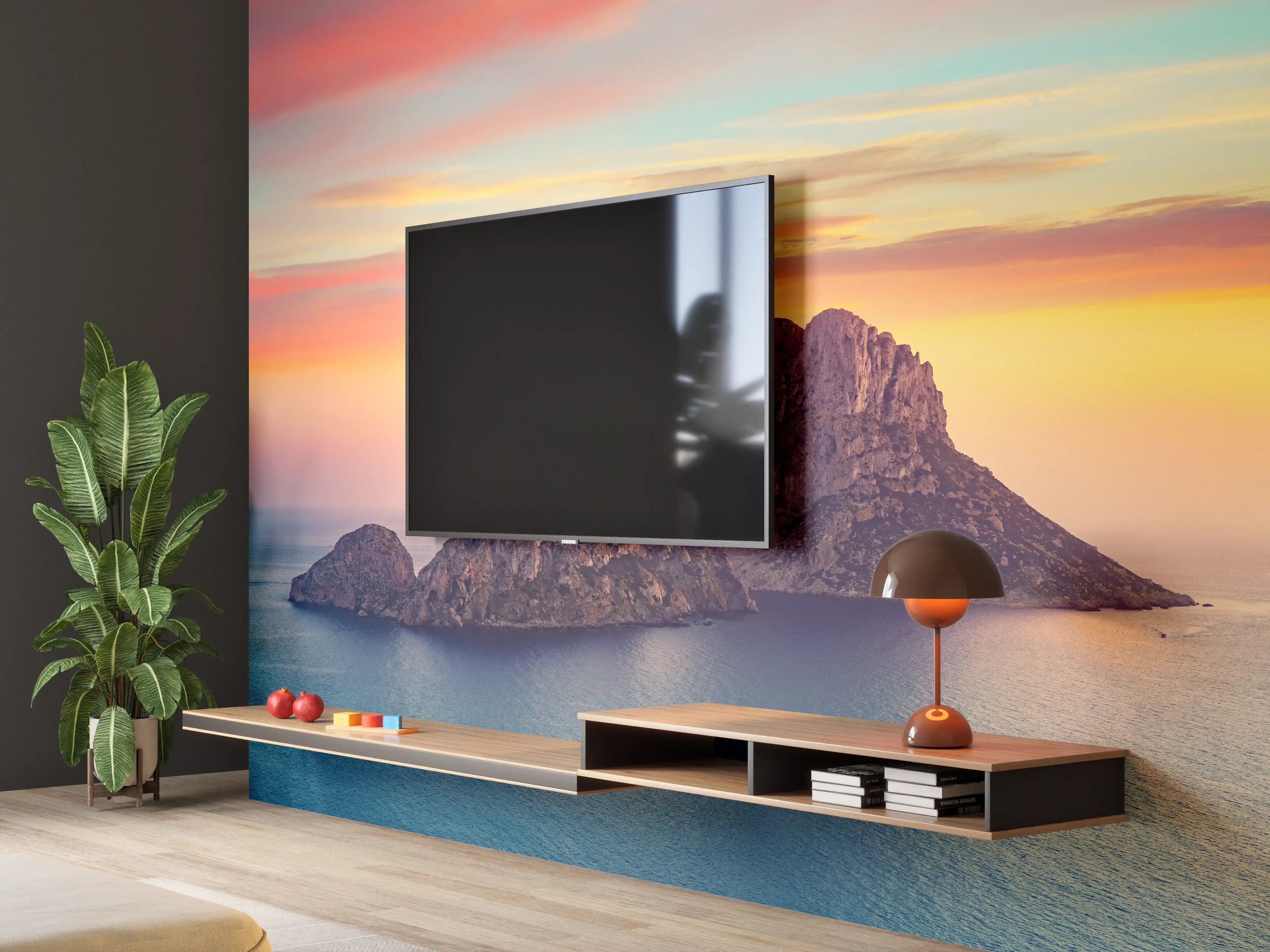 Wandverkleidung Wohnzimmer - Spektakulärer Sonnenuntergang über einem FelsenInsel