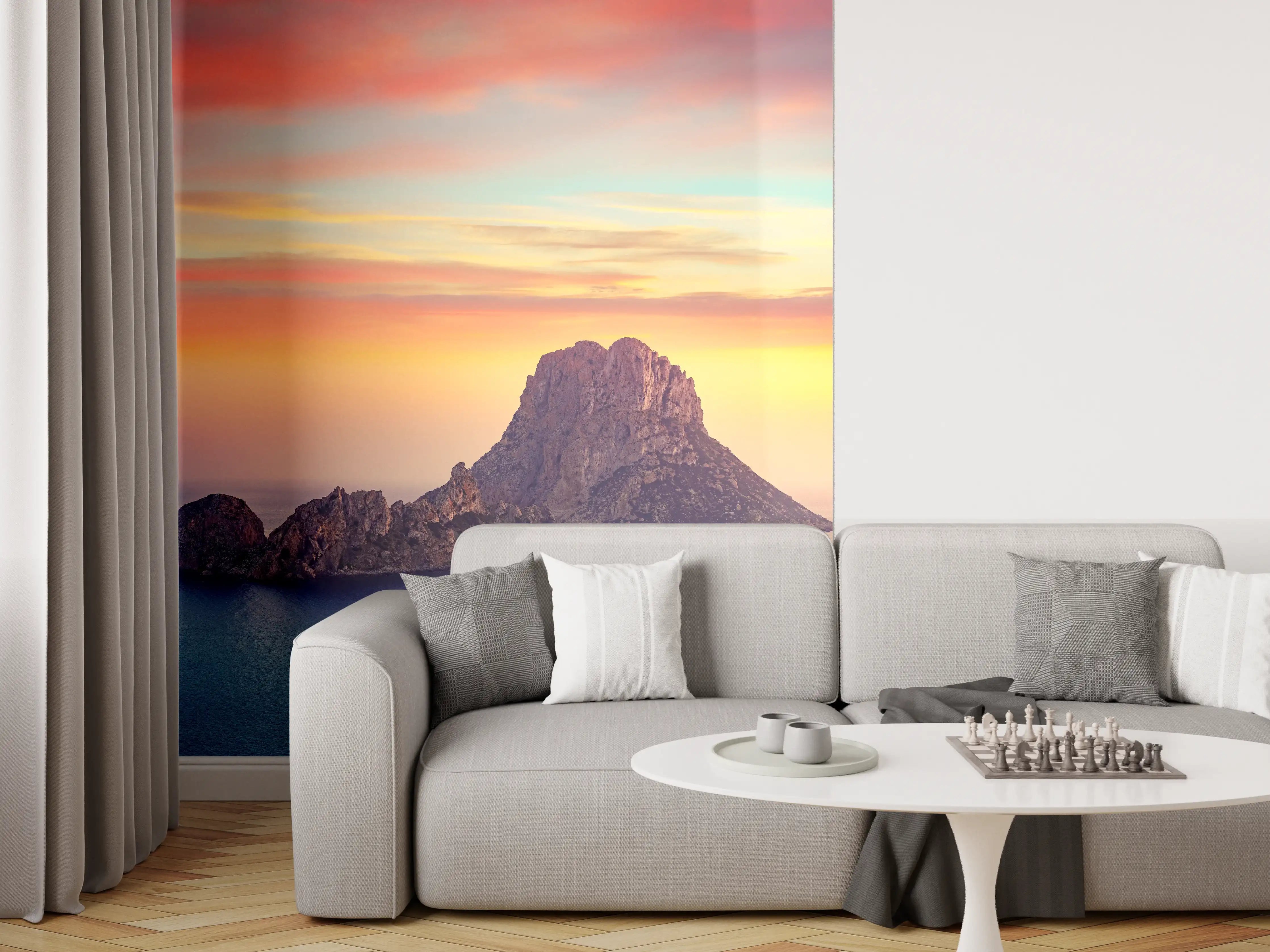 Wandverkleidung Wohnzimmer - Spektakulärer Sonnenuntergang über einem FelsenInsel