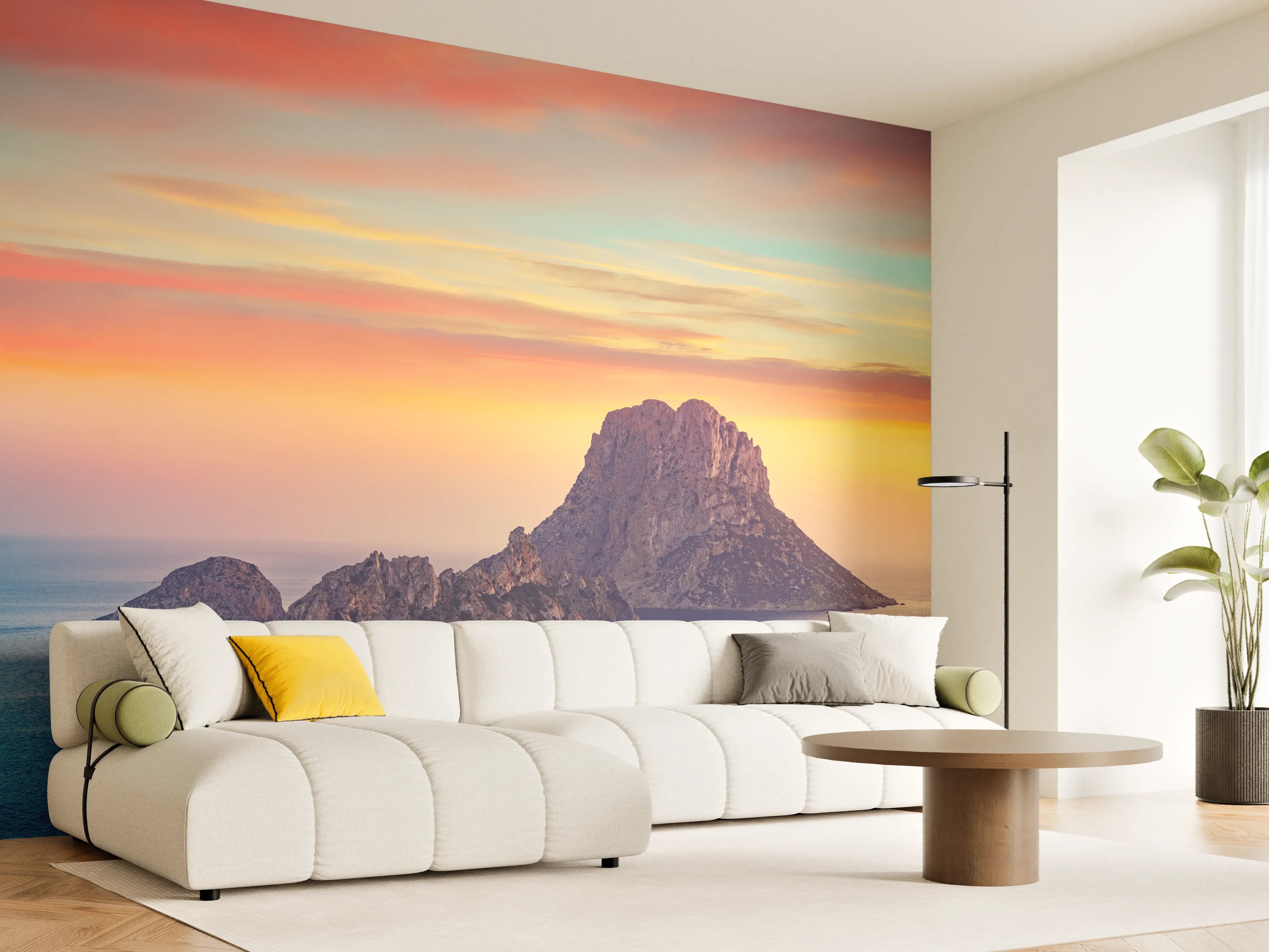 Wandverkleidung Wohnzimmer - Spektakulärer Sonnenuntergang über einem FelsenInsel