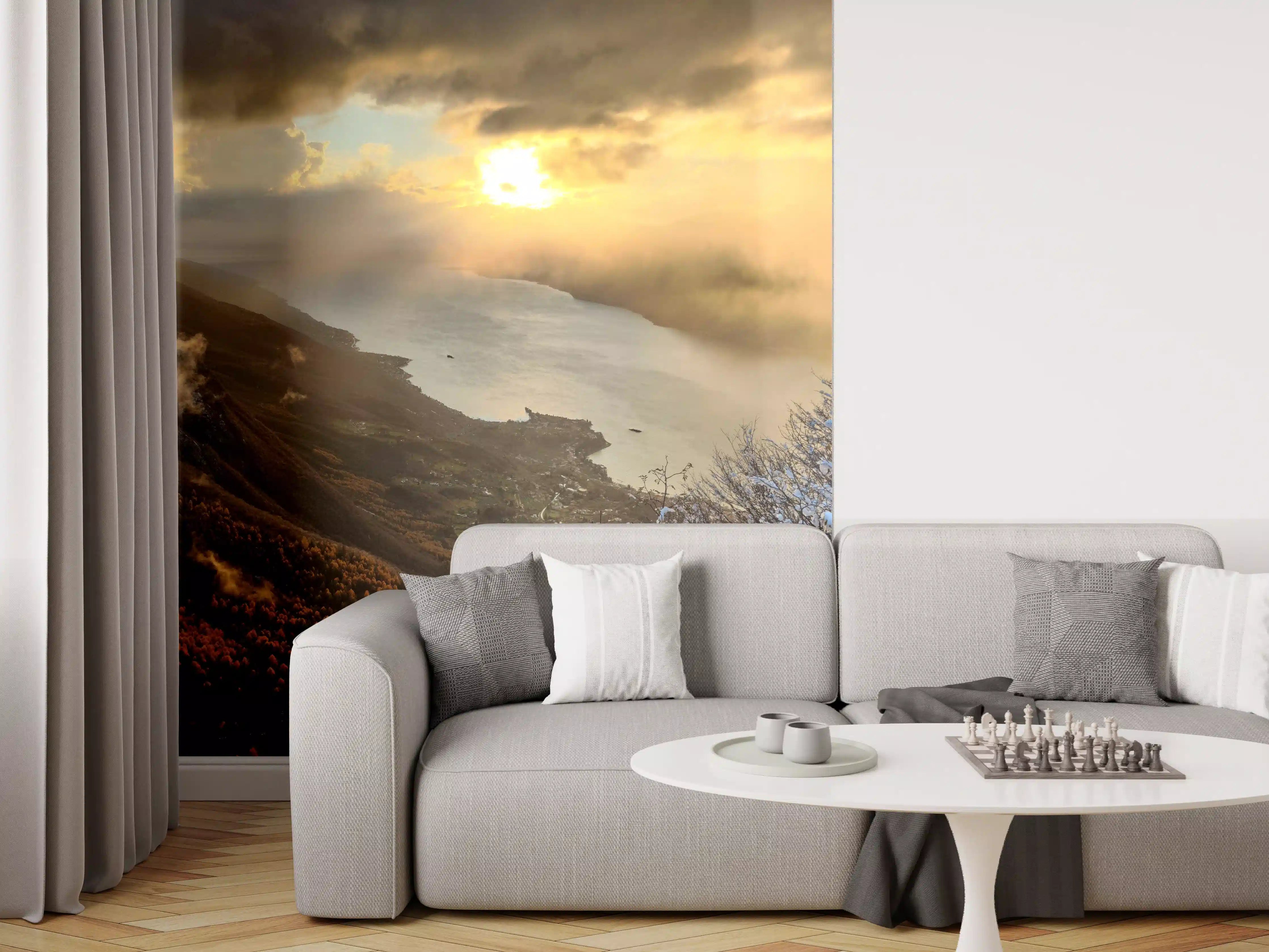 Wandverkleidung Wohnzimmer - Spektakuläres Berg- und Seelandschaftsbild bei Sonnenuntergang