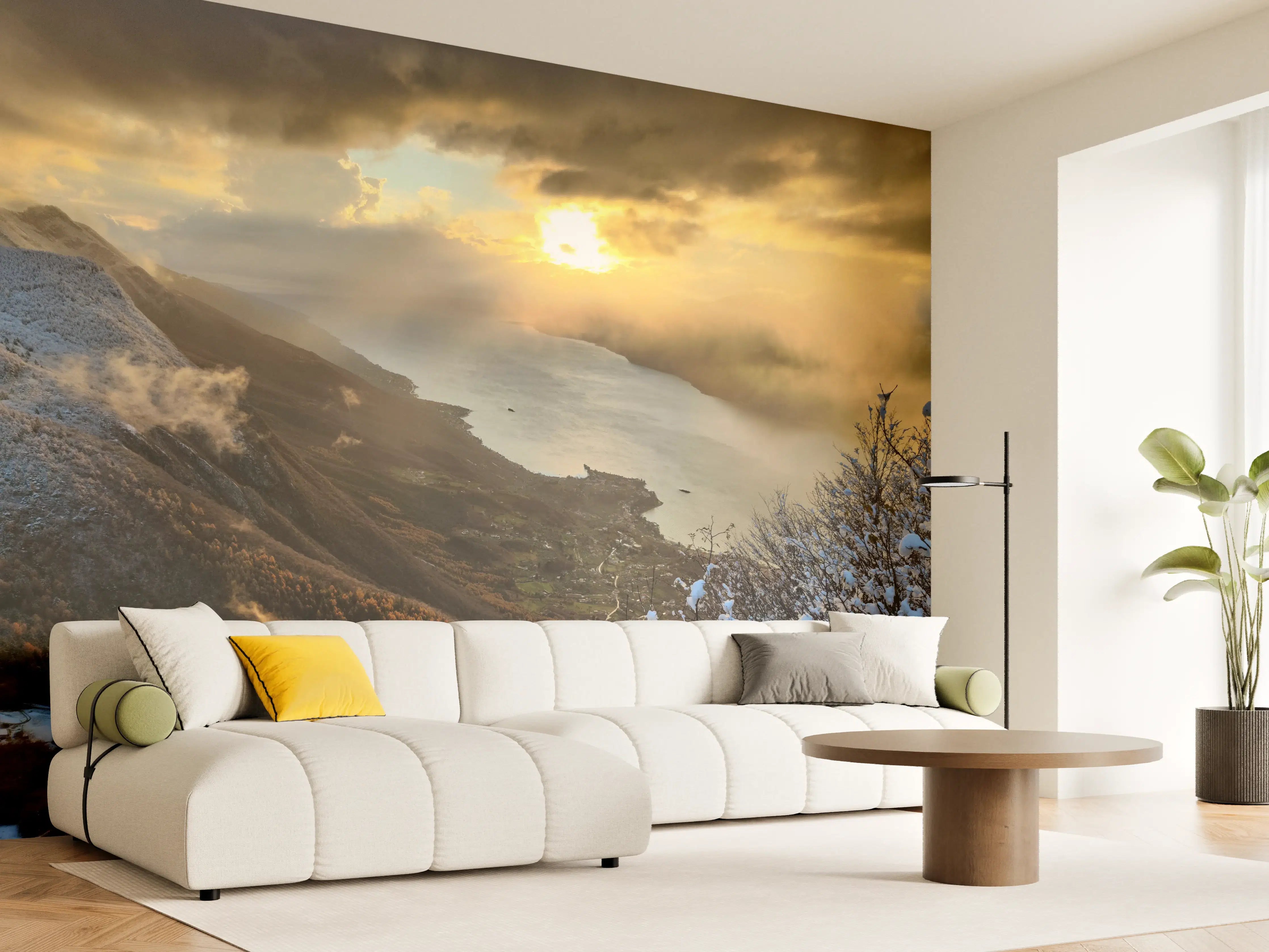 Wandverkleidung Wohnzimmer - Spektakuläres Berg- und Seelandschaftsbild bei Sonnenuntergang