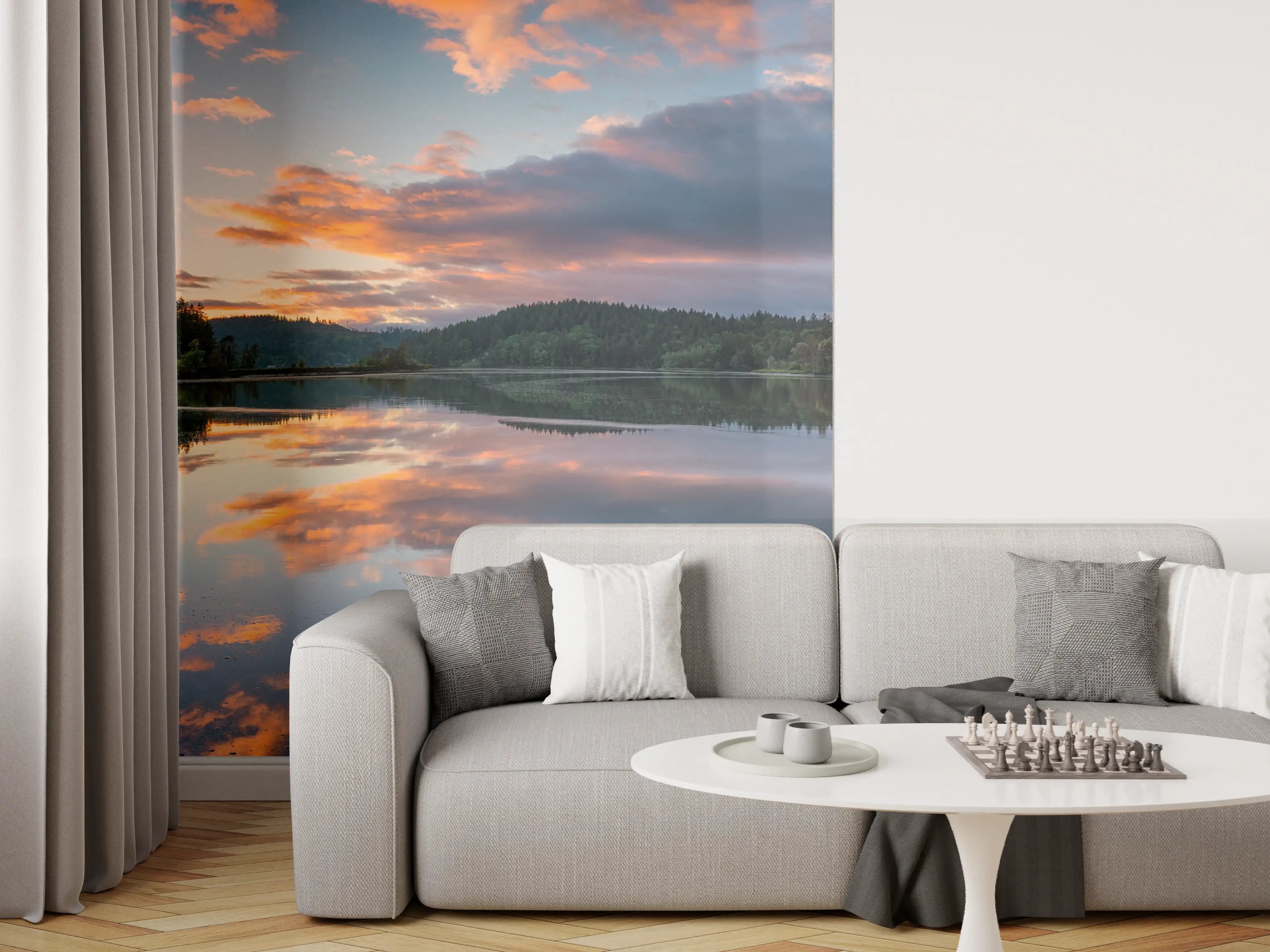 Wandverkleidung Wohnzimmer - Spiegelnder See im Sonnenuntergang