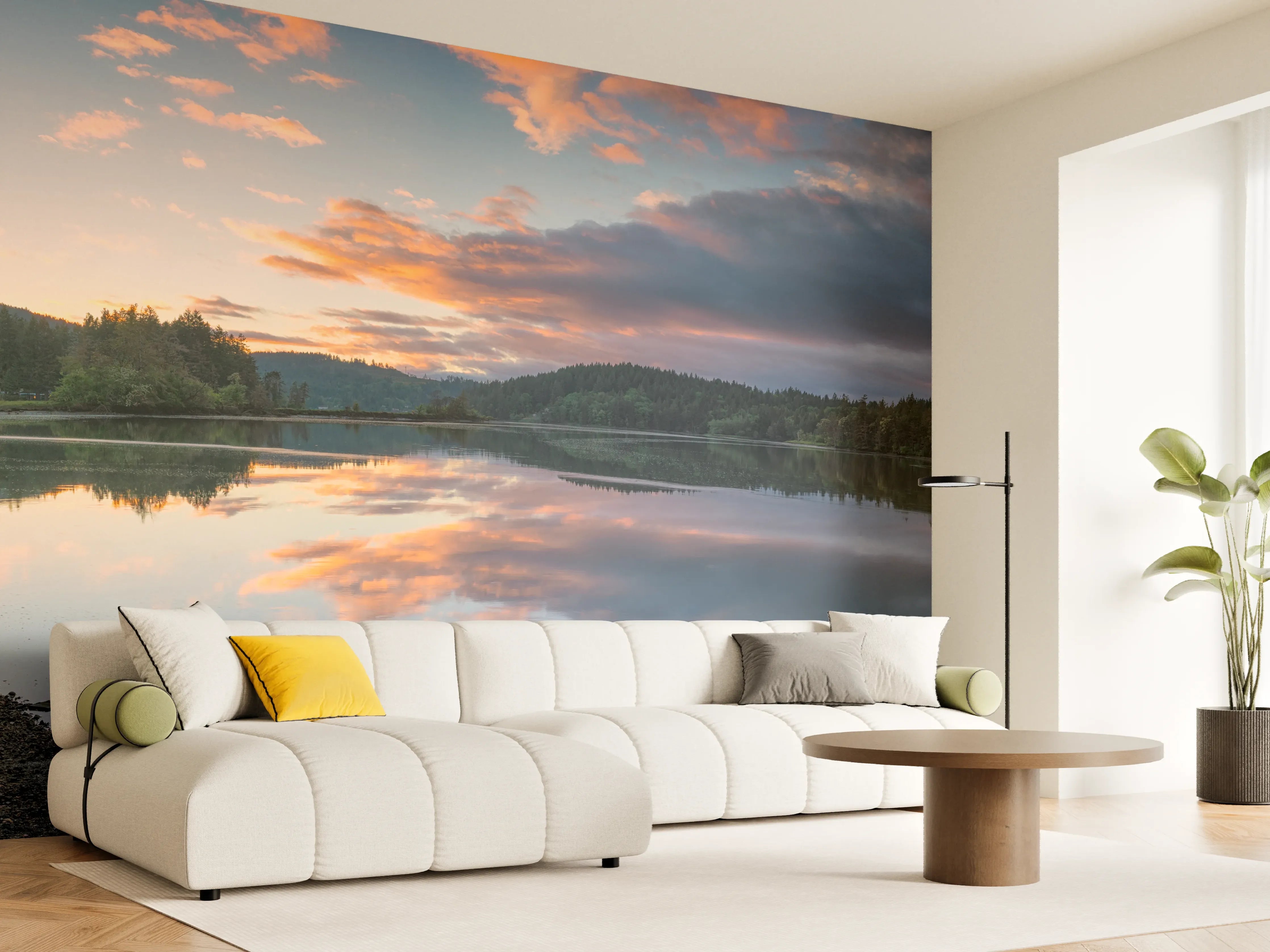 Wandverkleidung Wohnzimmer - Spiegelnder See im Sonnenuntergang