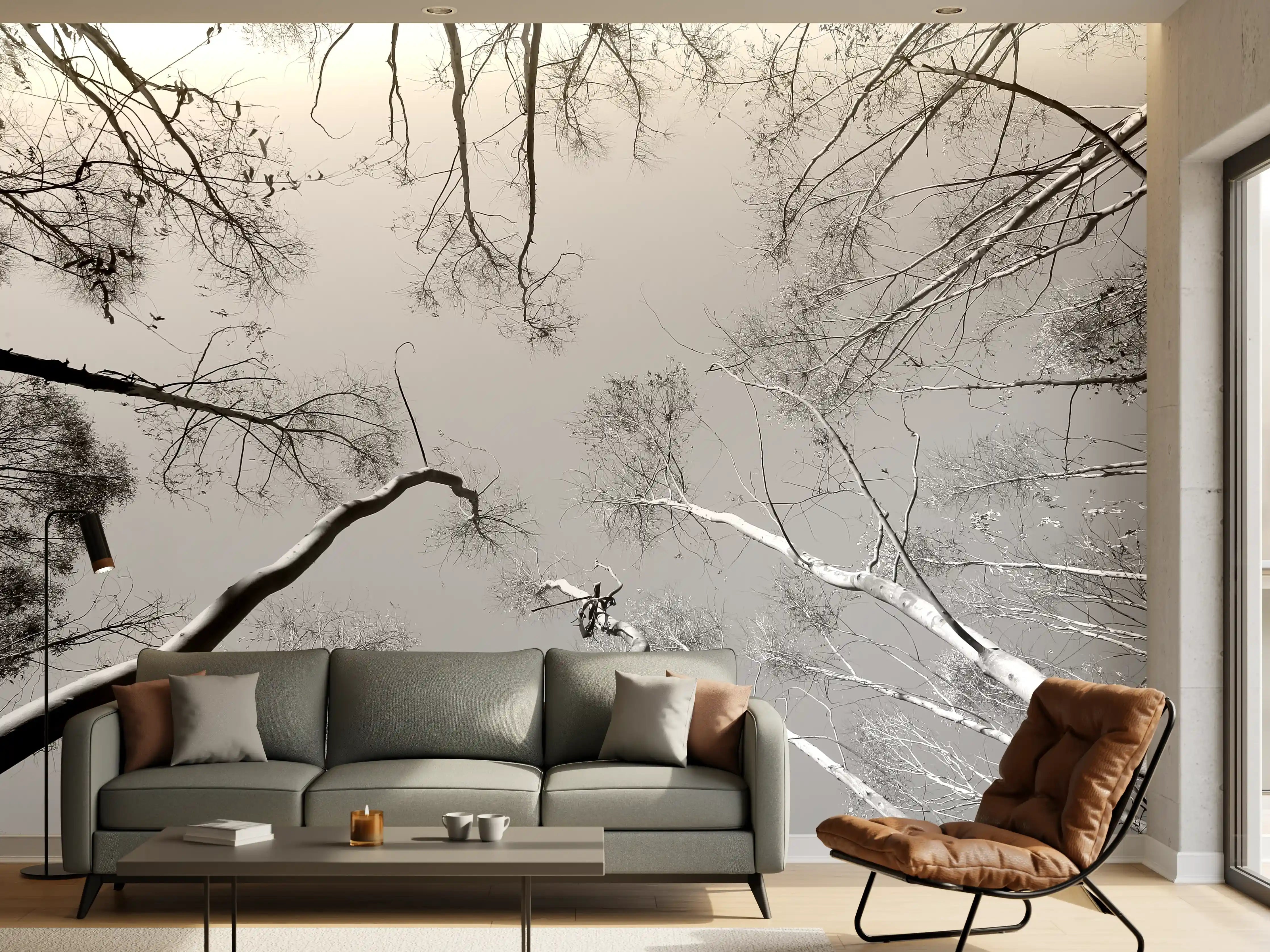 Wandverkleidung Wohnzimmer - Spiegelverkehrter Blick in den Himmel mit Baumkronen