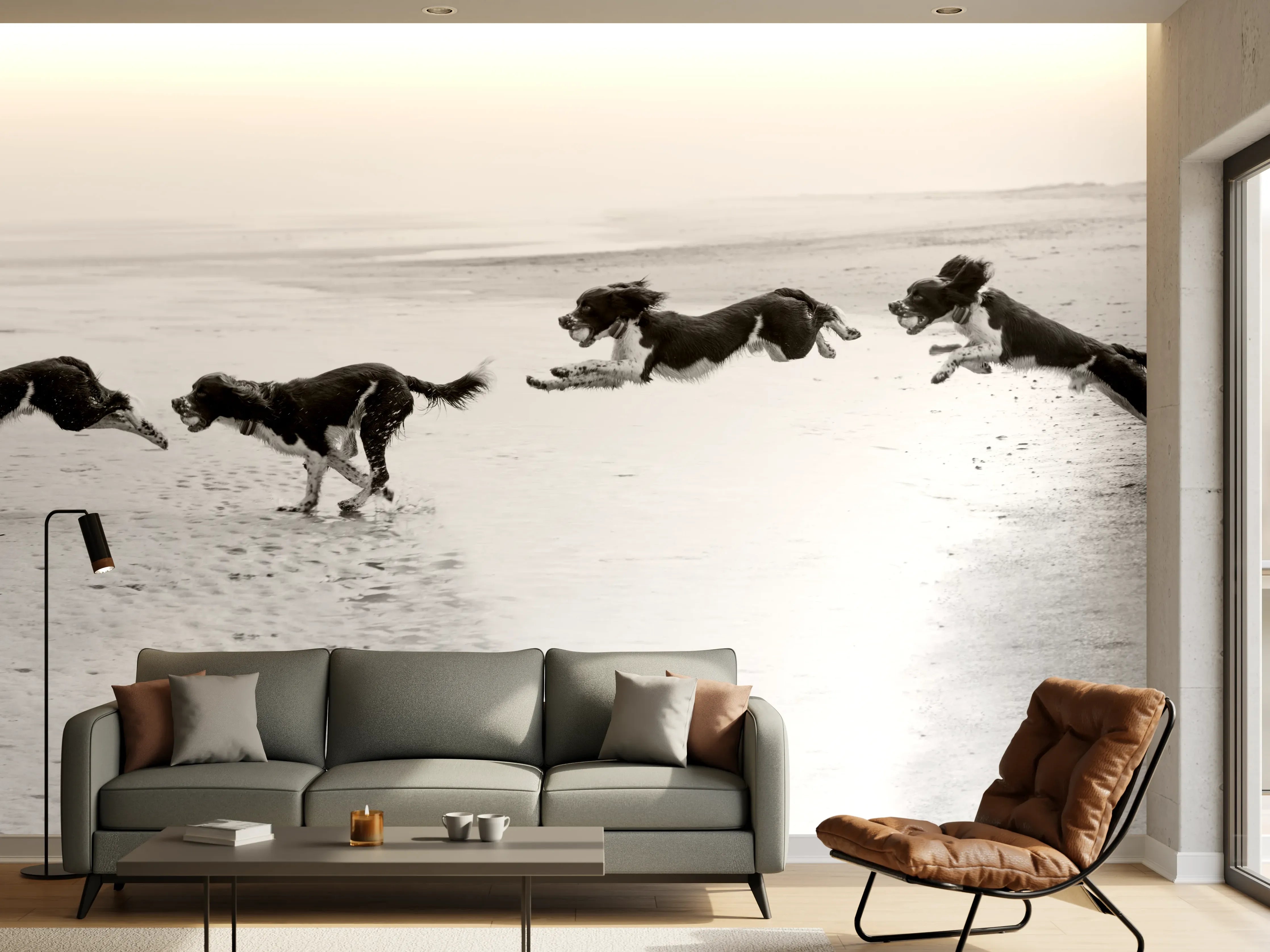 Wandverkleidung Wohnzimmer - Springer Spaniel beim springen
