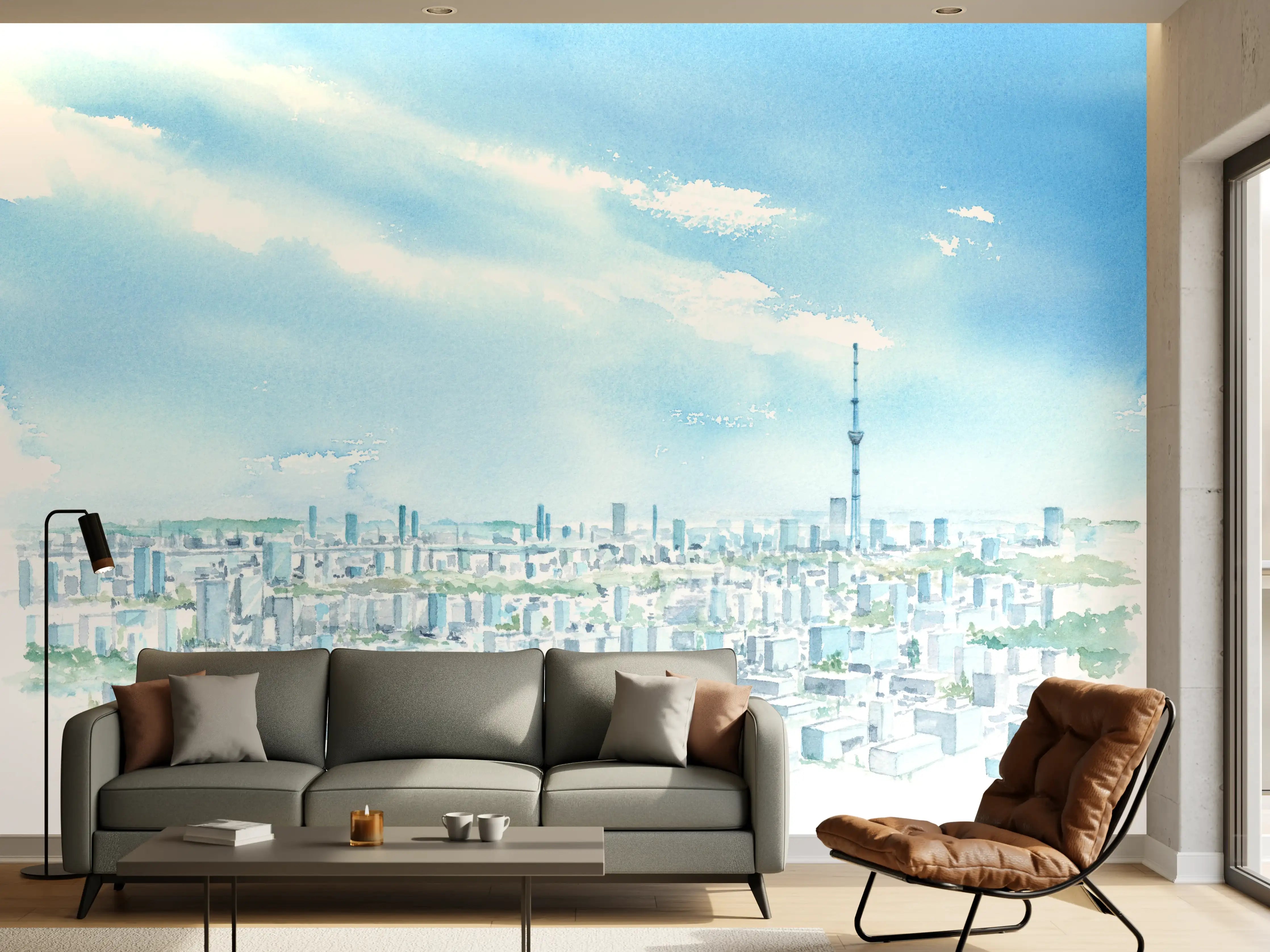 Wandverkleidung Wohnzimmer - Stadt Panorama im Hellen