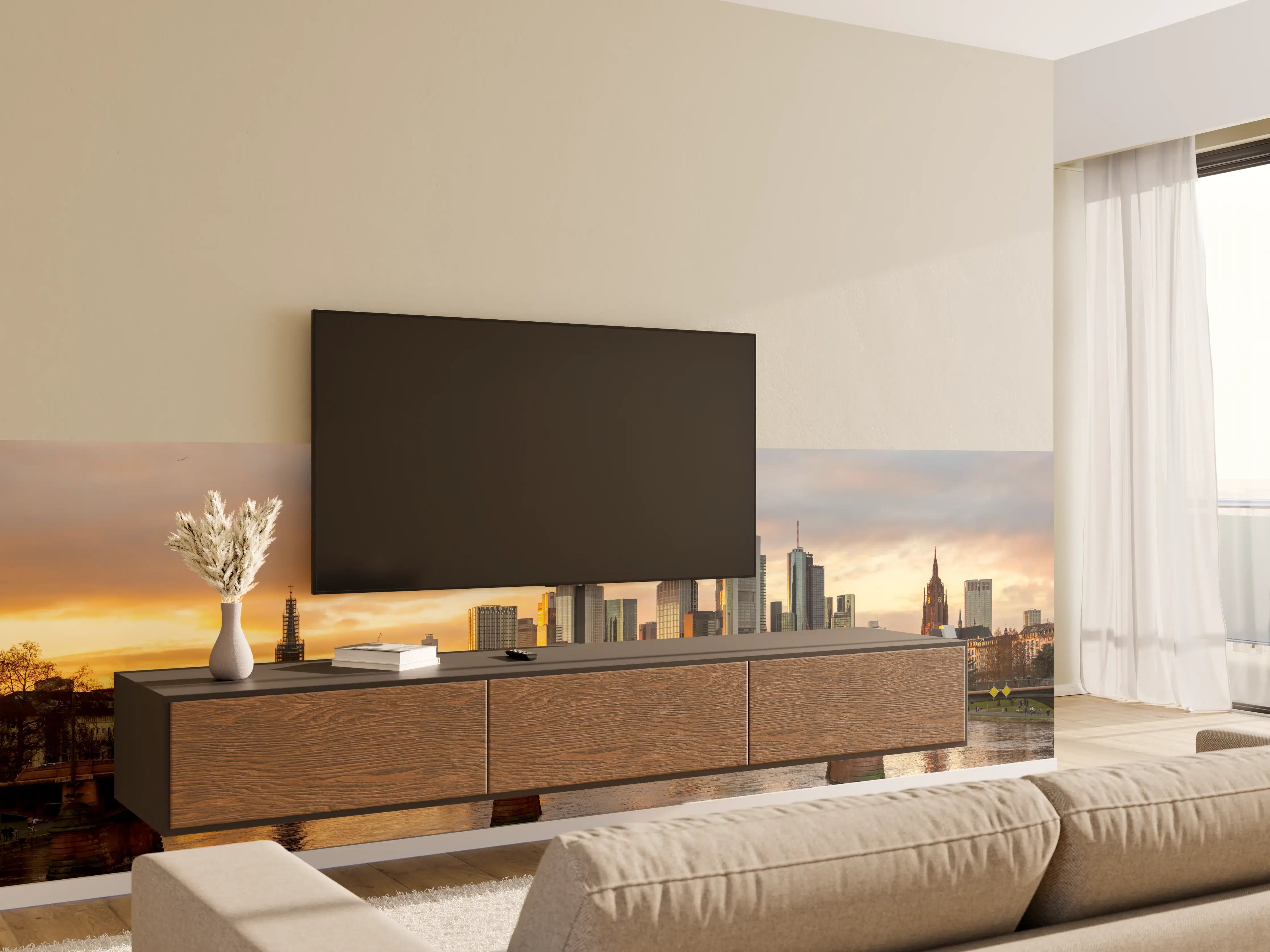 Wandverkleidung Wohnzimmer - Stadt-Skyline im Abendlicht