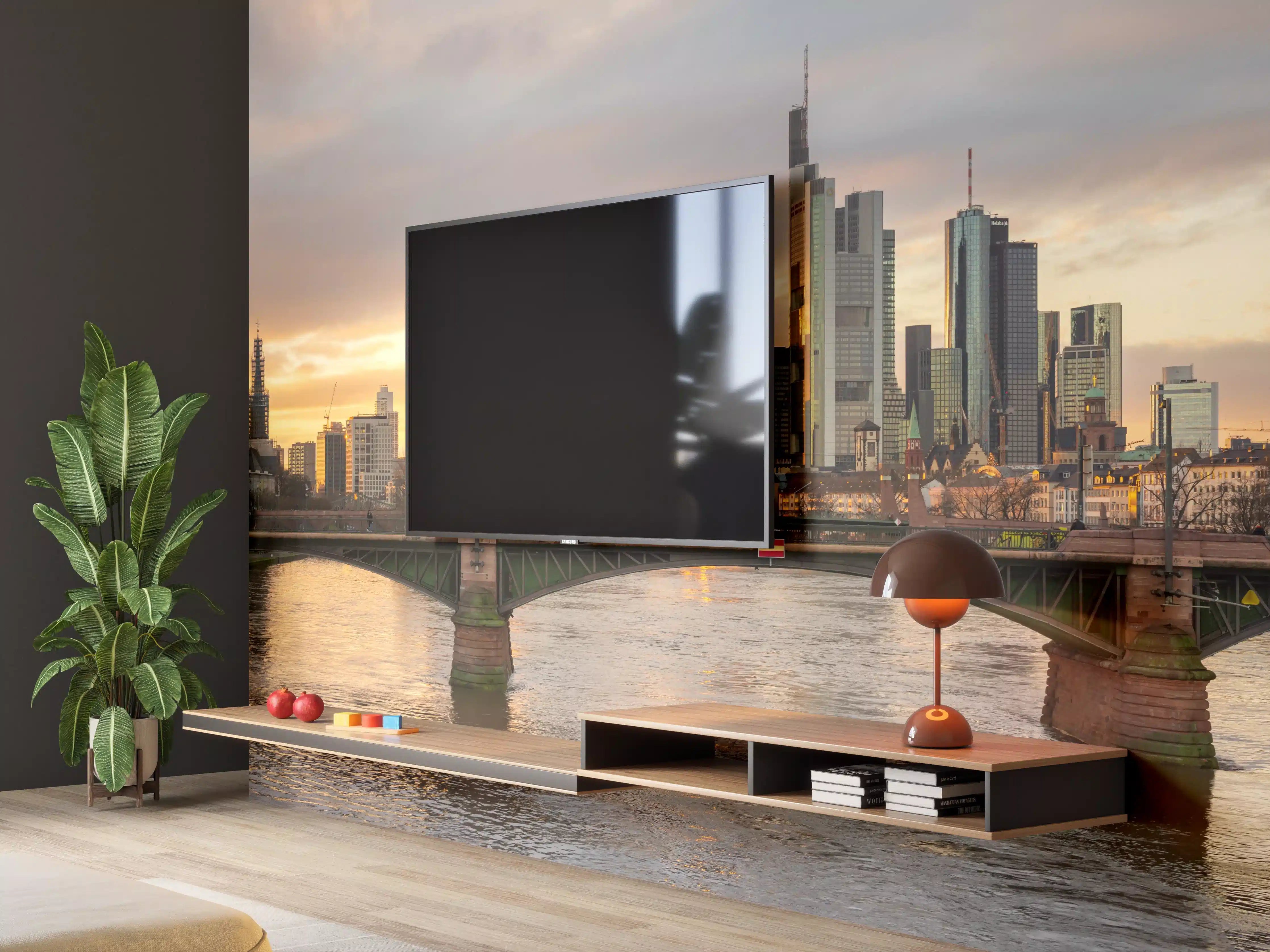Wandverkleidung Wohnzimmer - Stadt-Skyline im Abendlicht