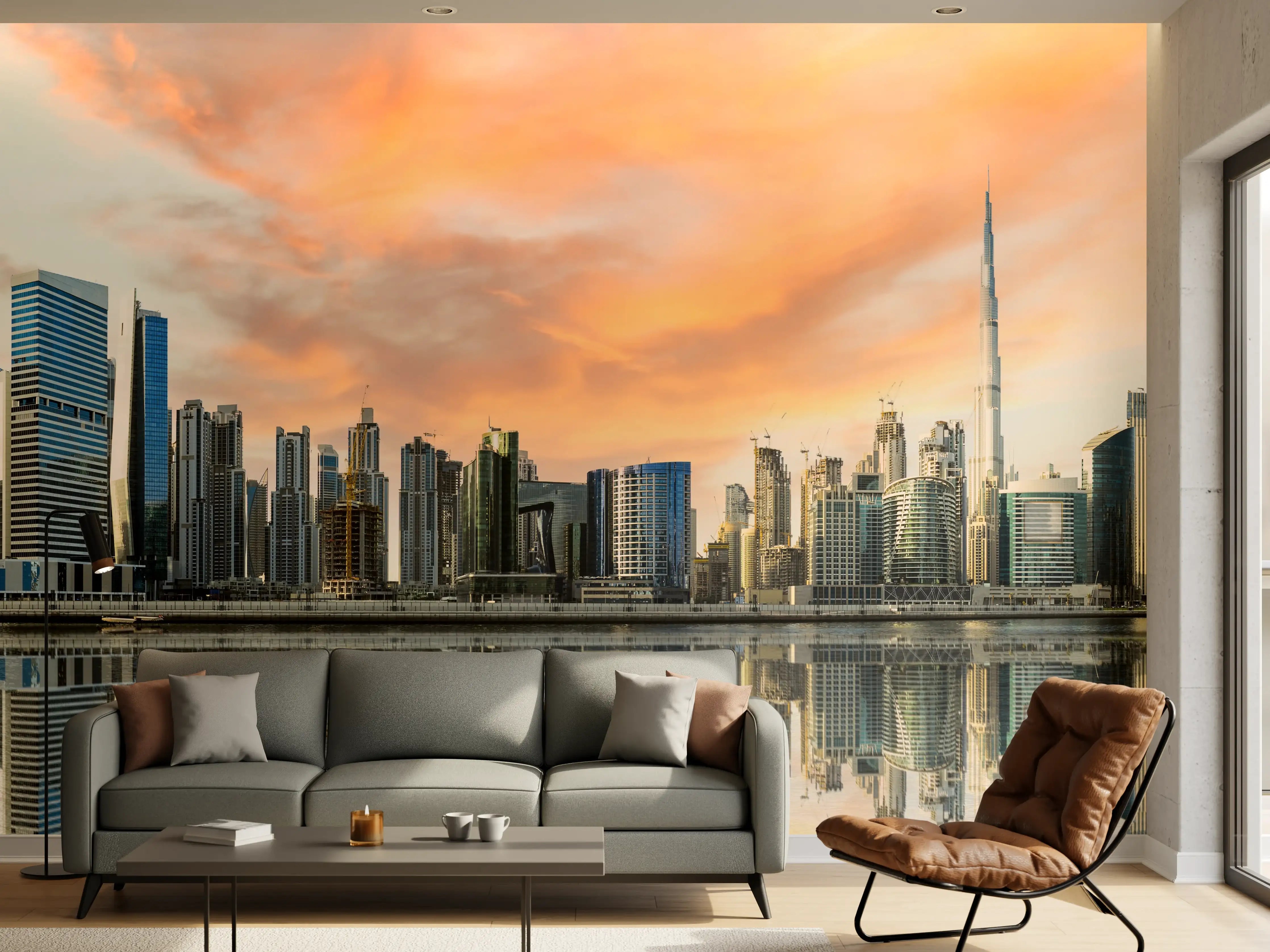 Wandverkleidung Wohnzimmer - Stadt-Skyline im Abendrot