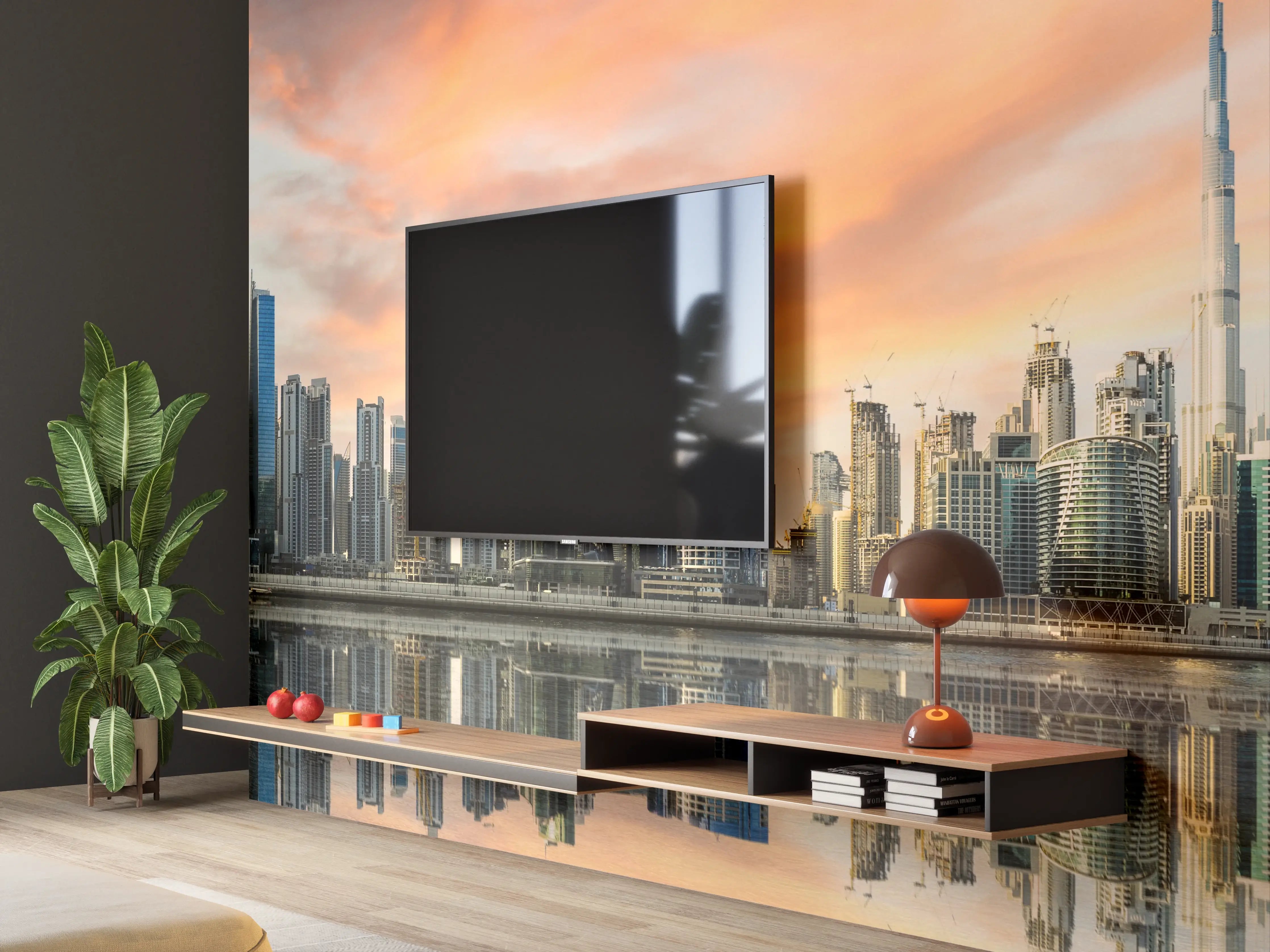 Wandverkleidung Wohnzimmer - Stadt-Skyline im Abendrot