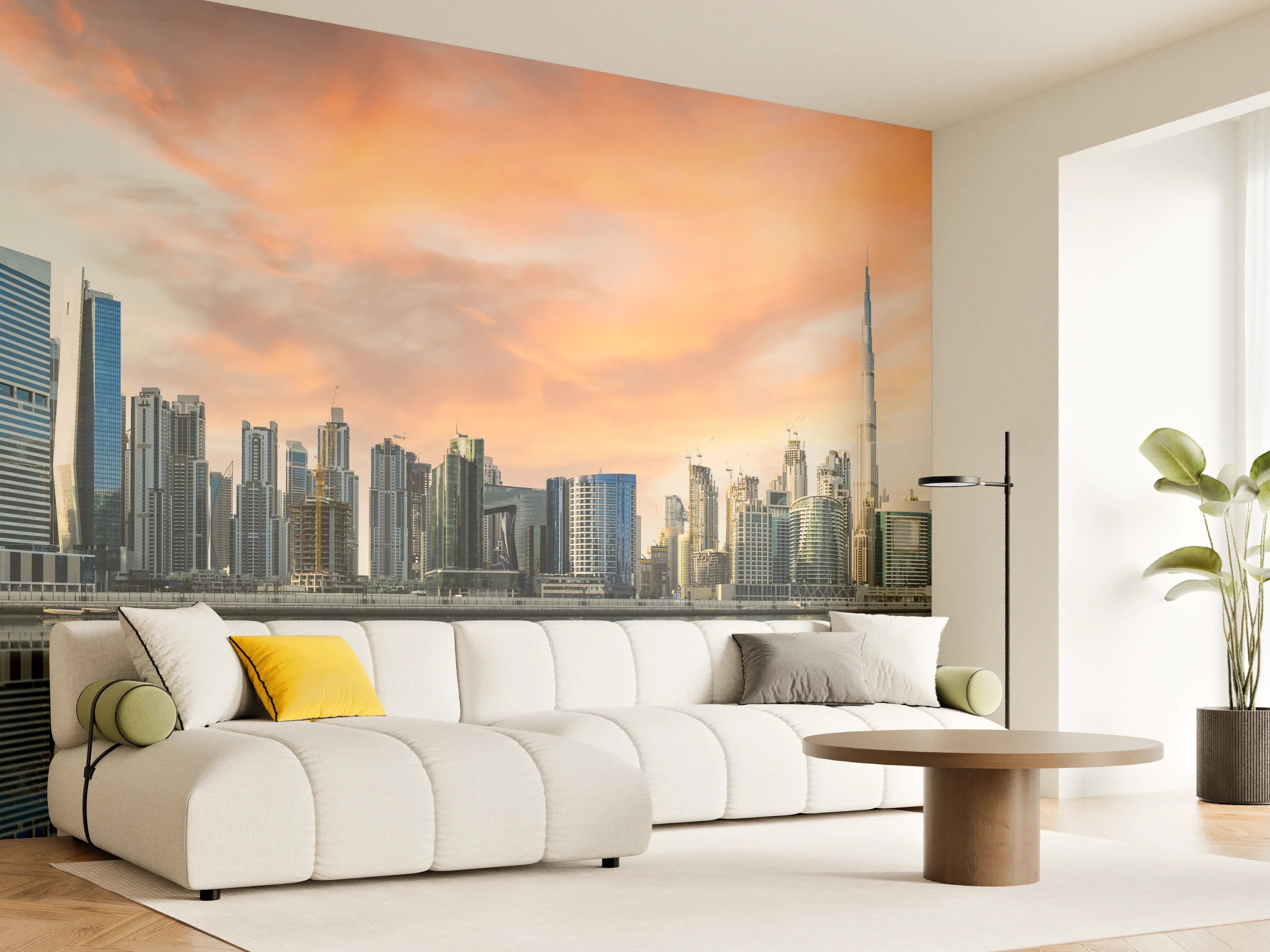 Wandverkleidung Wohnzimmer - Stadt-Skyline im Abendrot