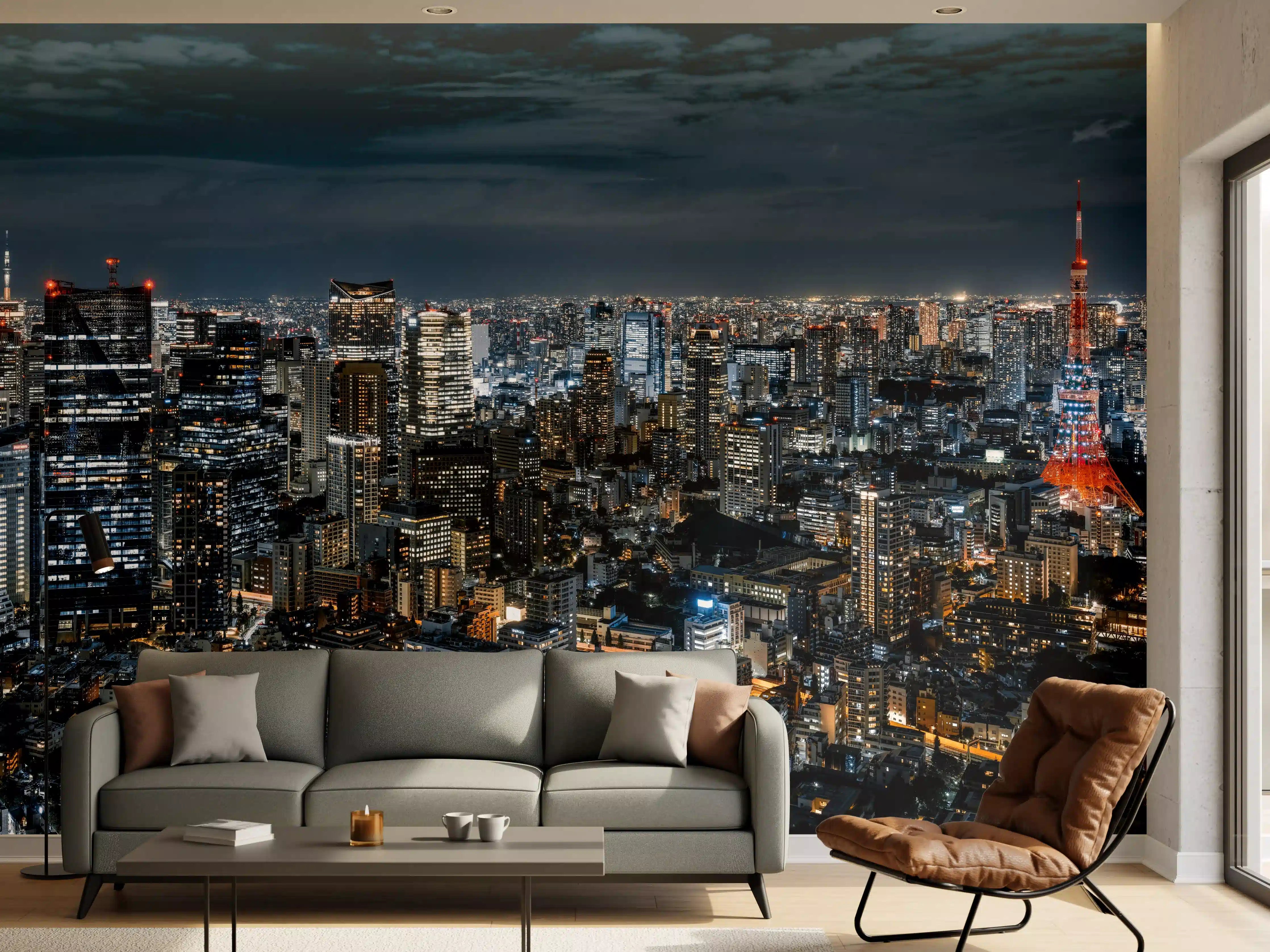 Wandverkleidung Wohnzimmer - Stadtpanorama bei Nacht mit Lichterspiel