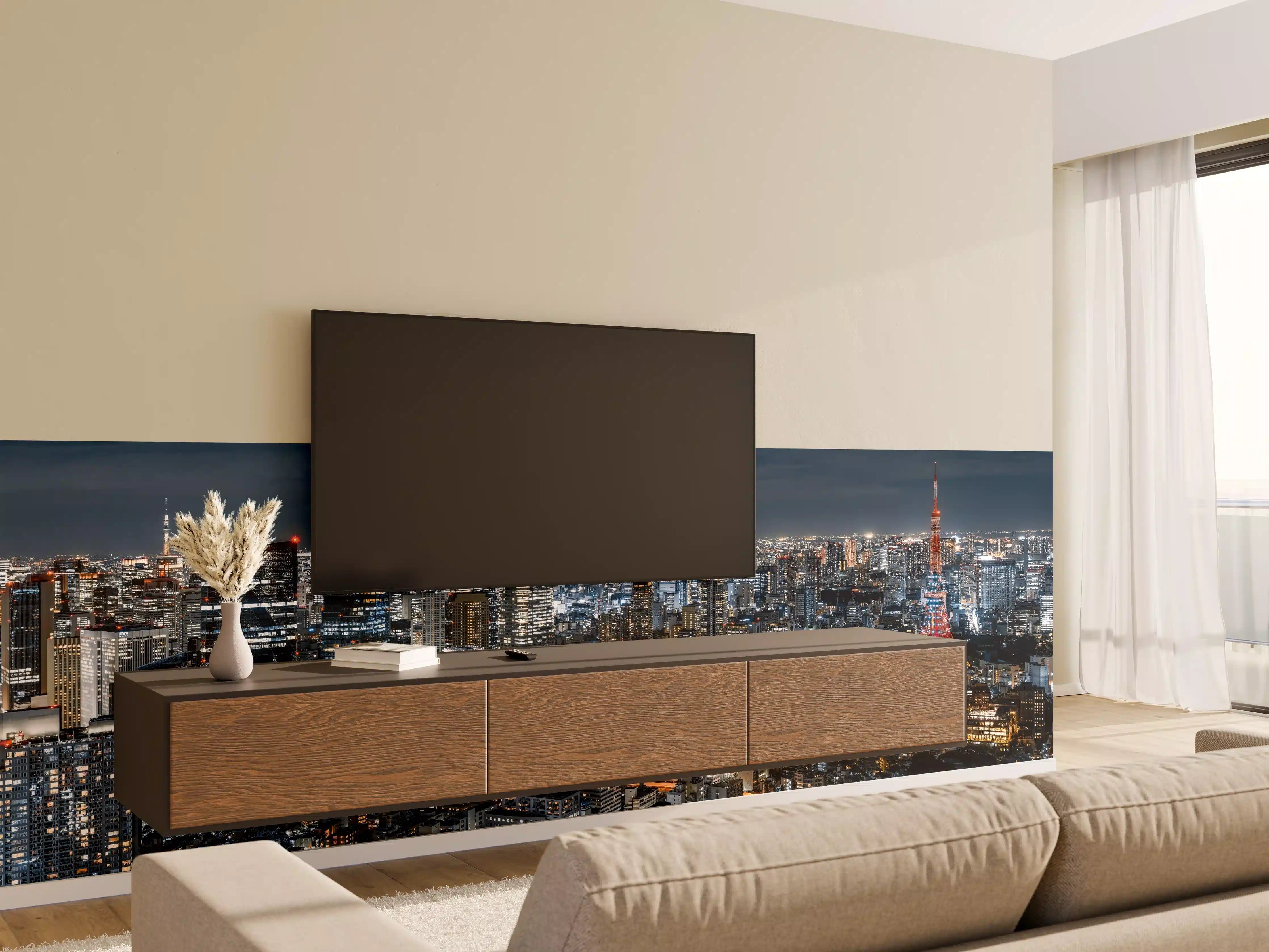 Wandverkleidung Wohnzimmer - Stadtpanorama bei Nacht mit Lichterspiel