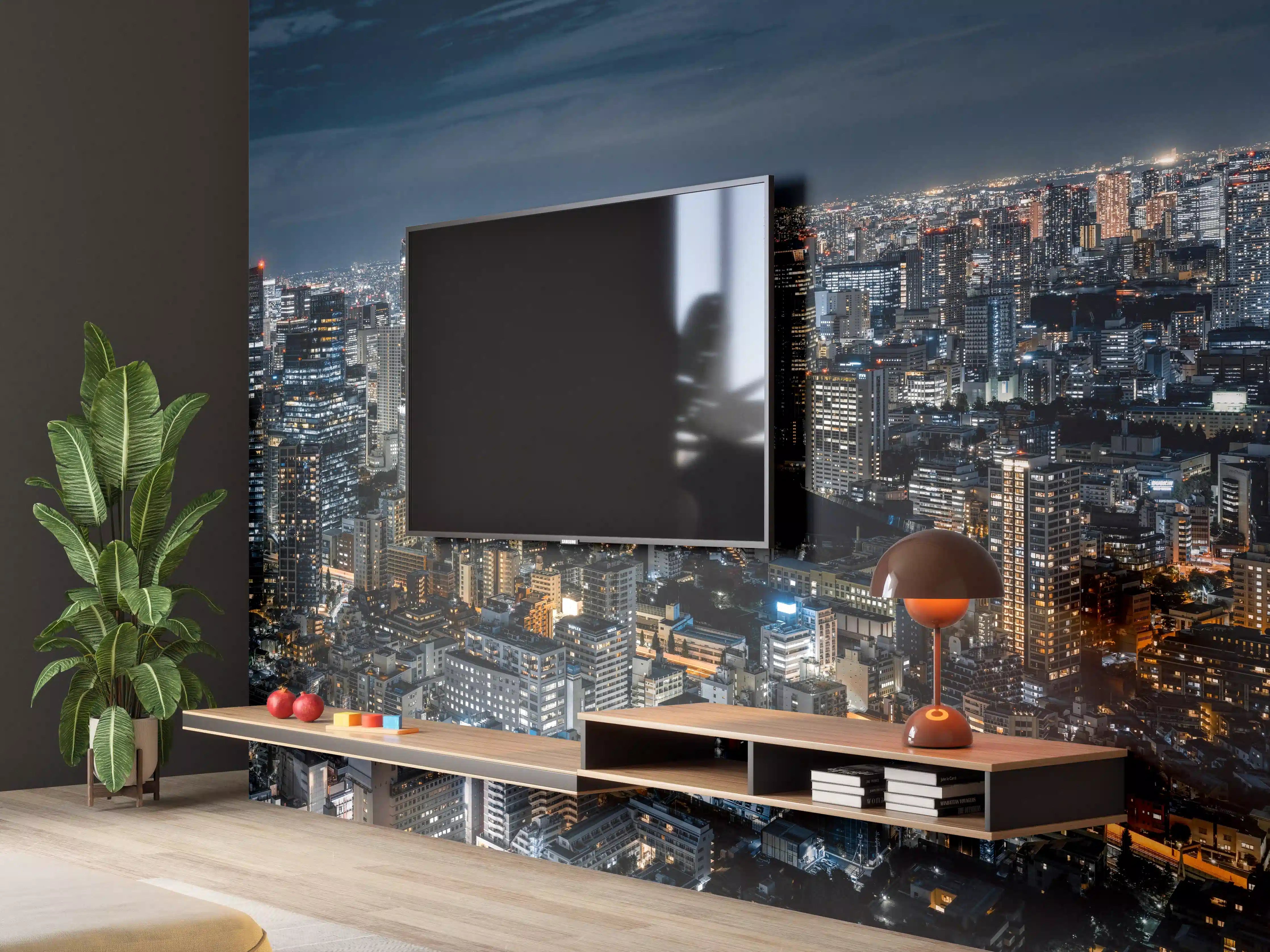 Wandverkleidung Wohnzimmer - Stadtpanorama bei Nacht mit Lichterspiel