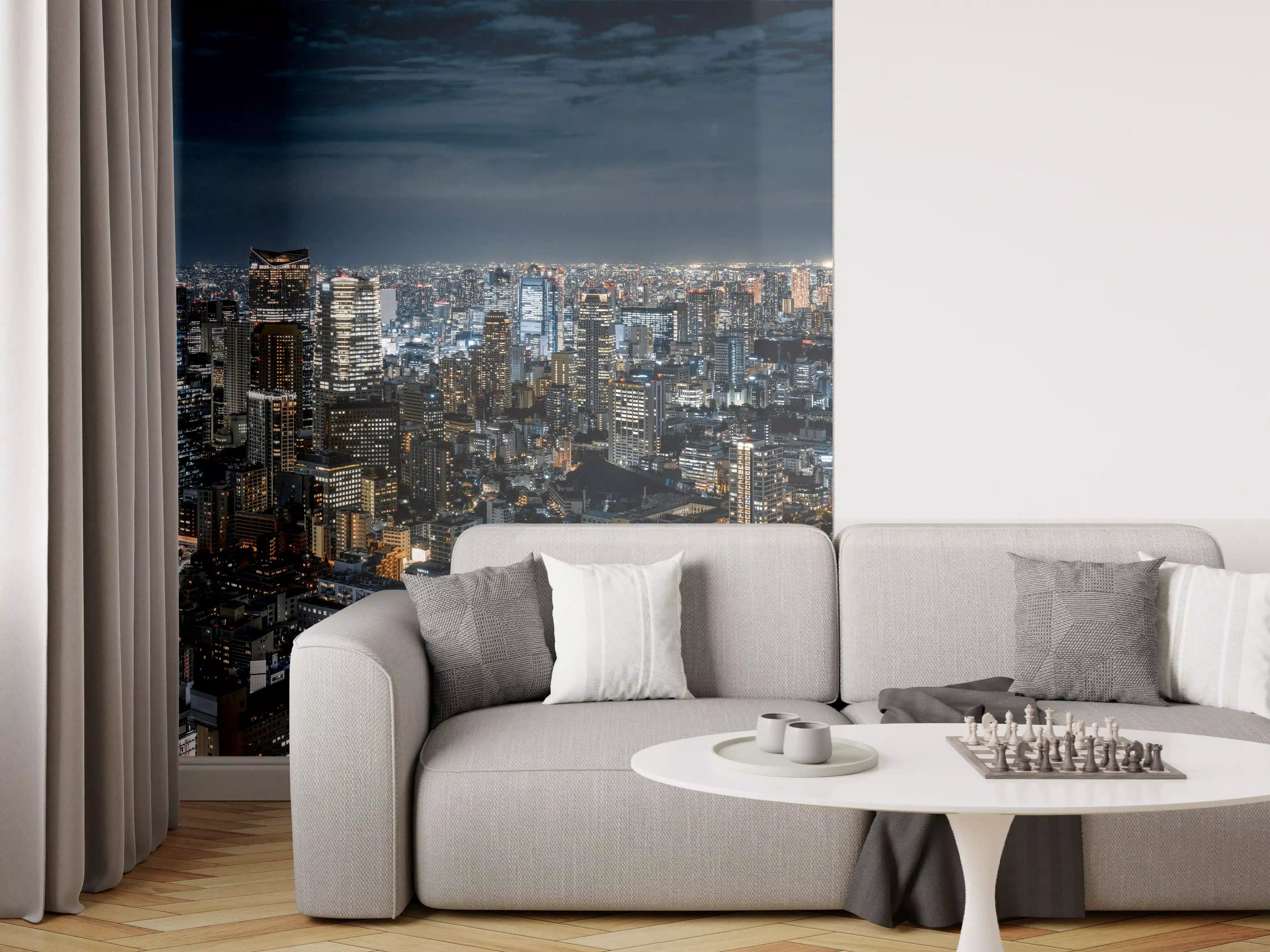 Wandverkleidung Wohnzimmer - Stadtpanorama bei Nacht mit Lichterspiel