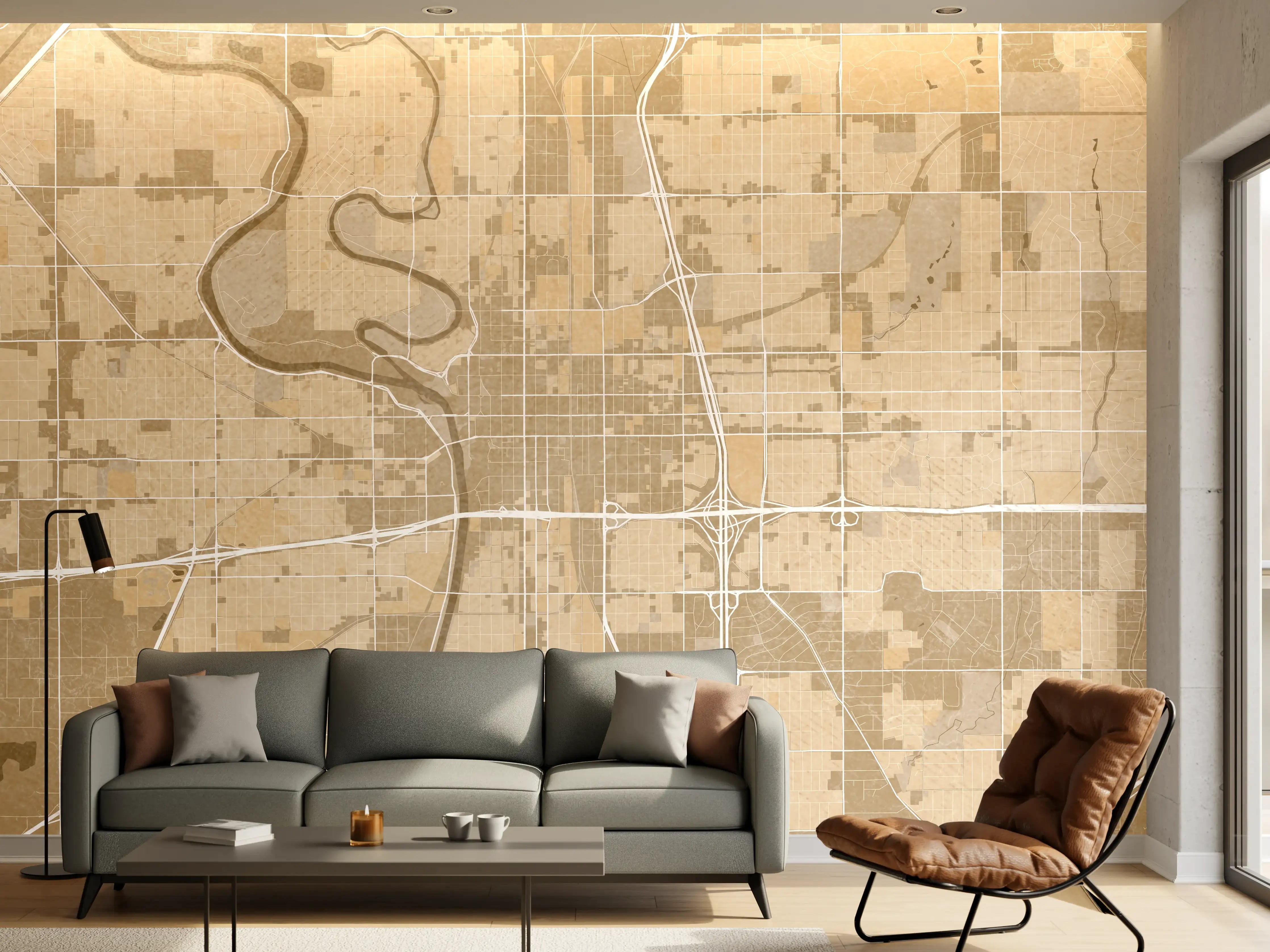 Wandverkleidung Wohnzimmer - Stadtplan von Wichita in Vintage-Optik