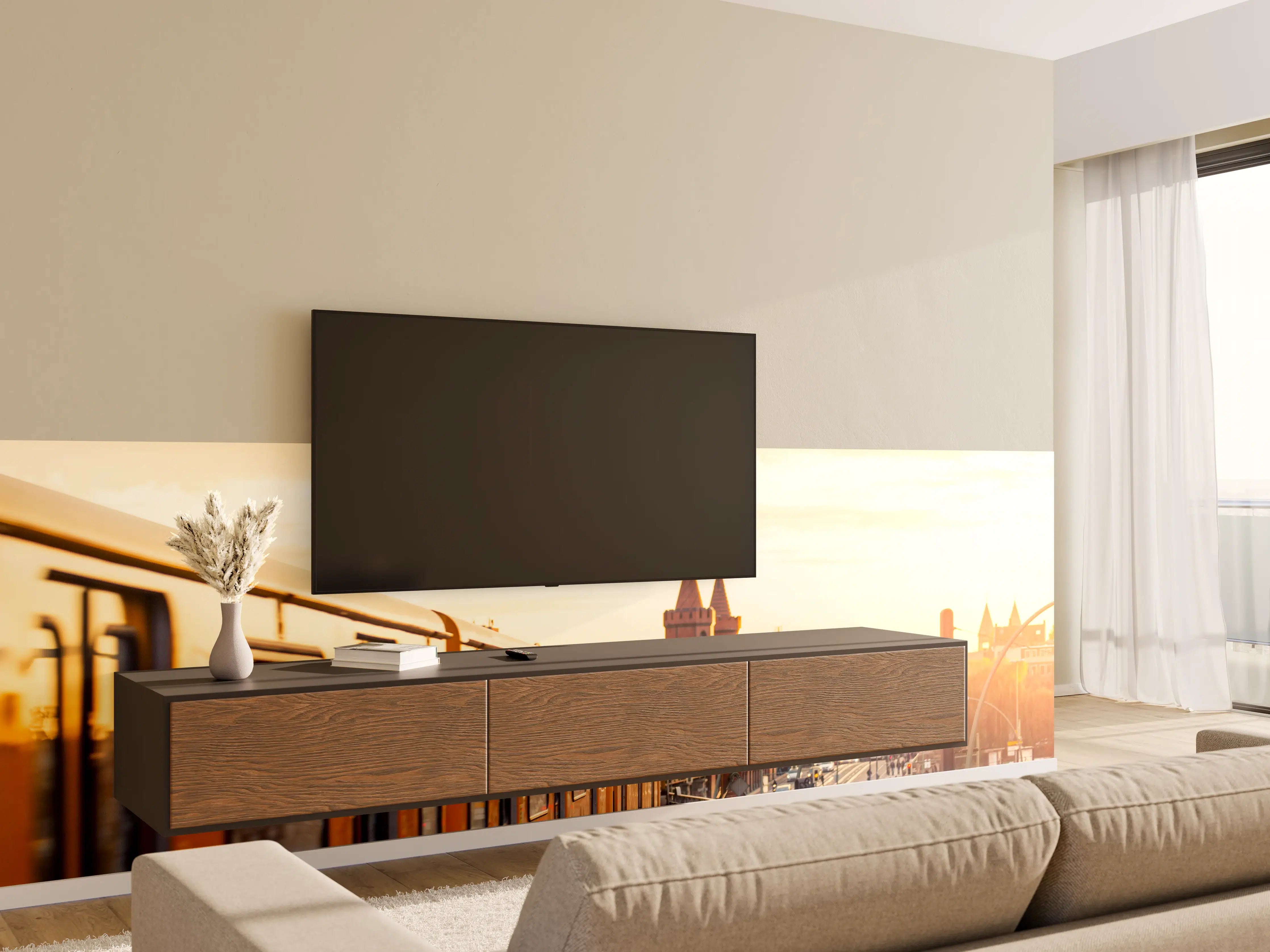 Wandverkleidung Wohnzimmer - Städtischer Bahnbetrieb bei Sonnenuntergang