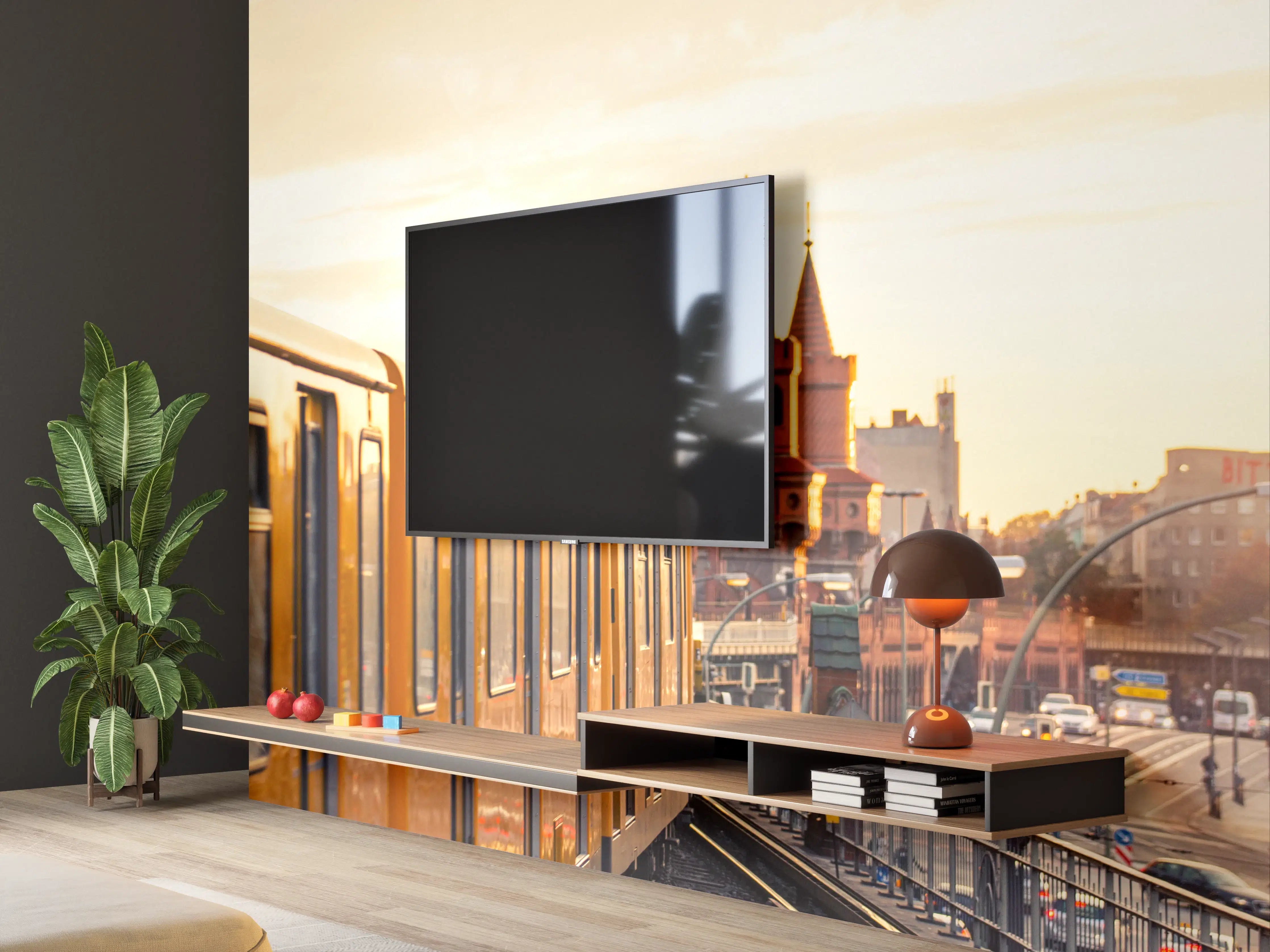 Wandverkleidung Wohnzimmer - Städtischer Bahnbetrieb bei Sonnenuntergang