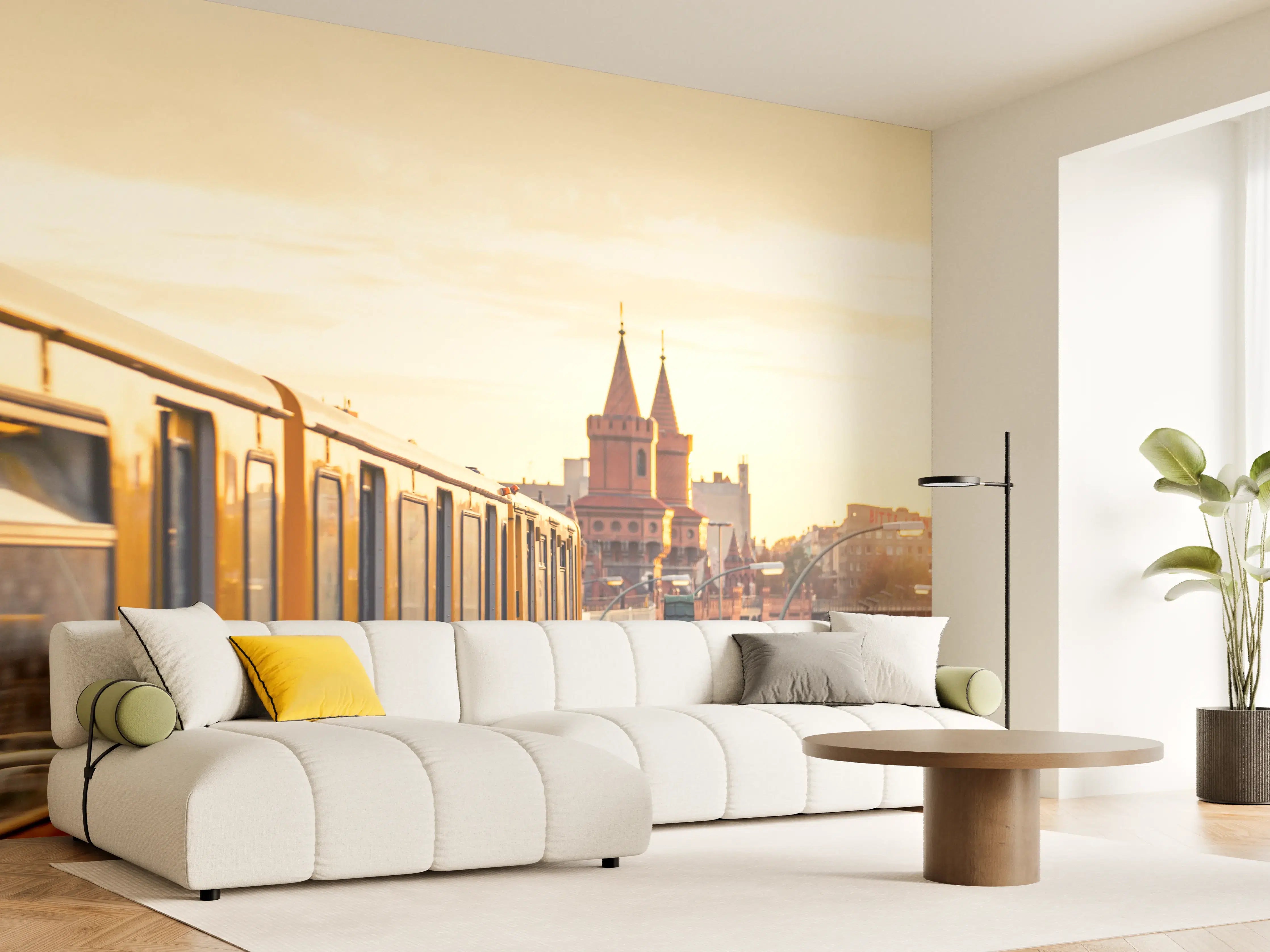 Wandverkleidung Wohnzimmer - Städtischer Bahnbetrieb bei Sonnenuntergang