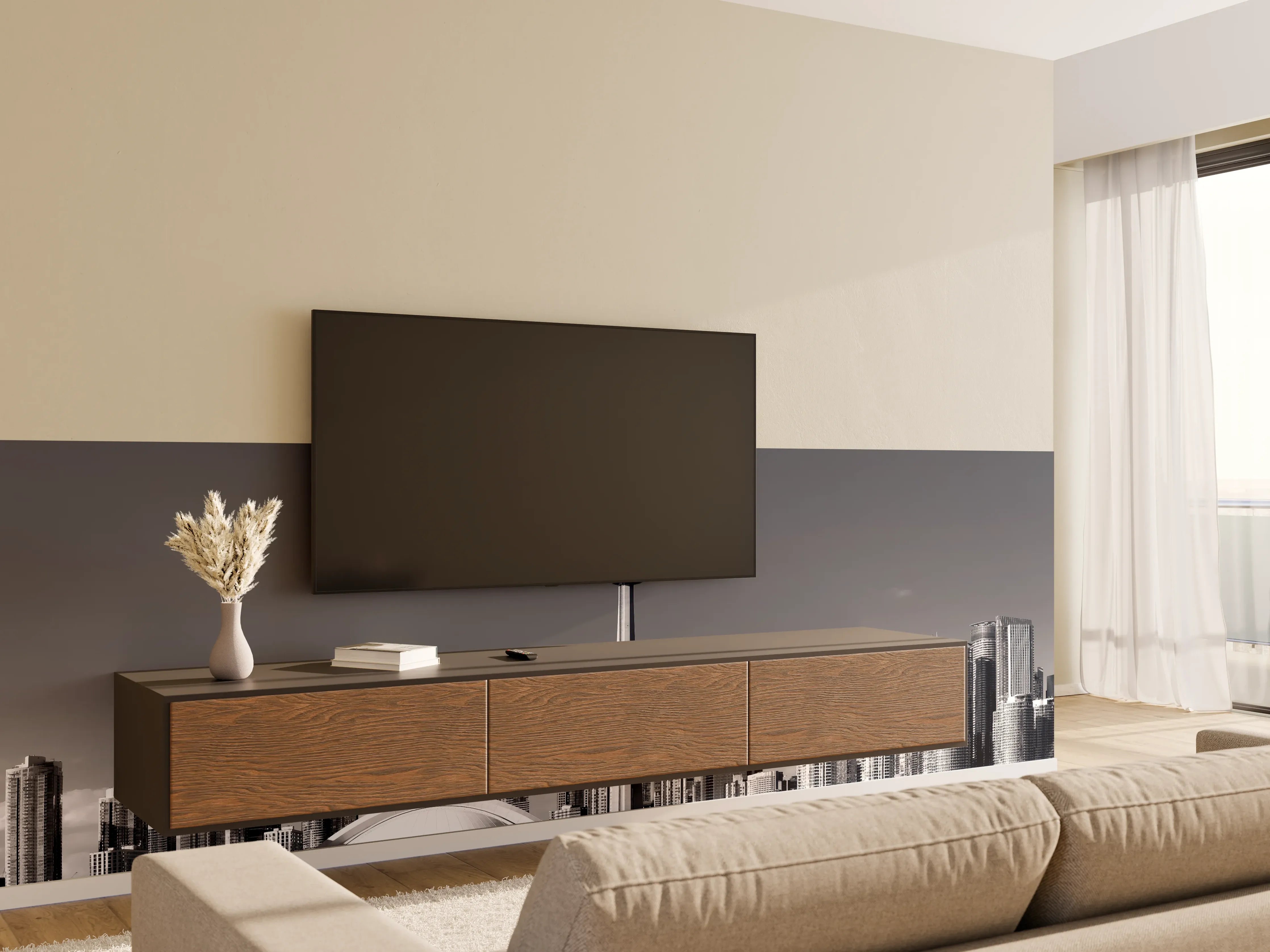 Wandverkleidung Wohnzimmer - Städtisches Skyline-Motiv in Schwarz-Weiß