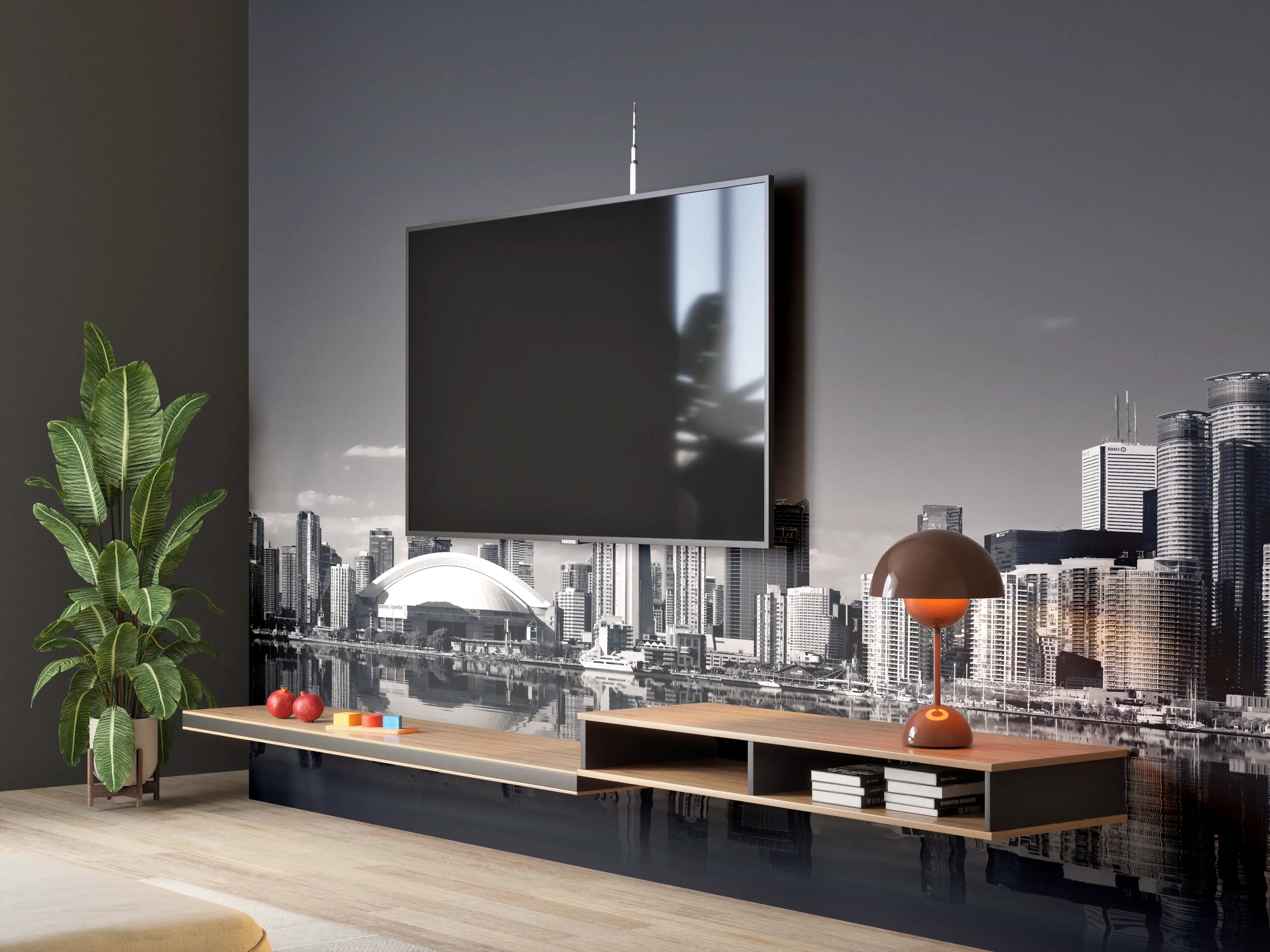 Wandverkleidung Wohnzimmer - Städtisches Skyline-Motiv in Schwarz-Weiß