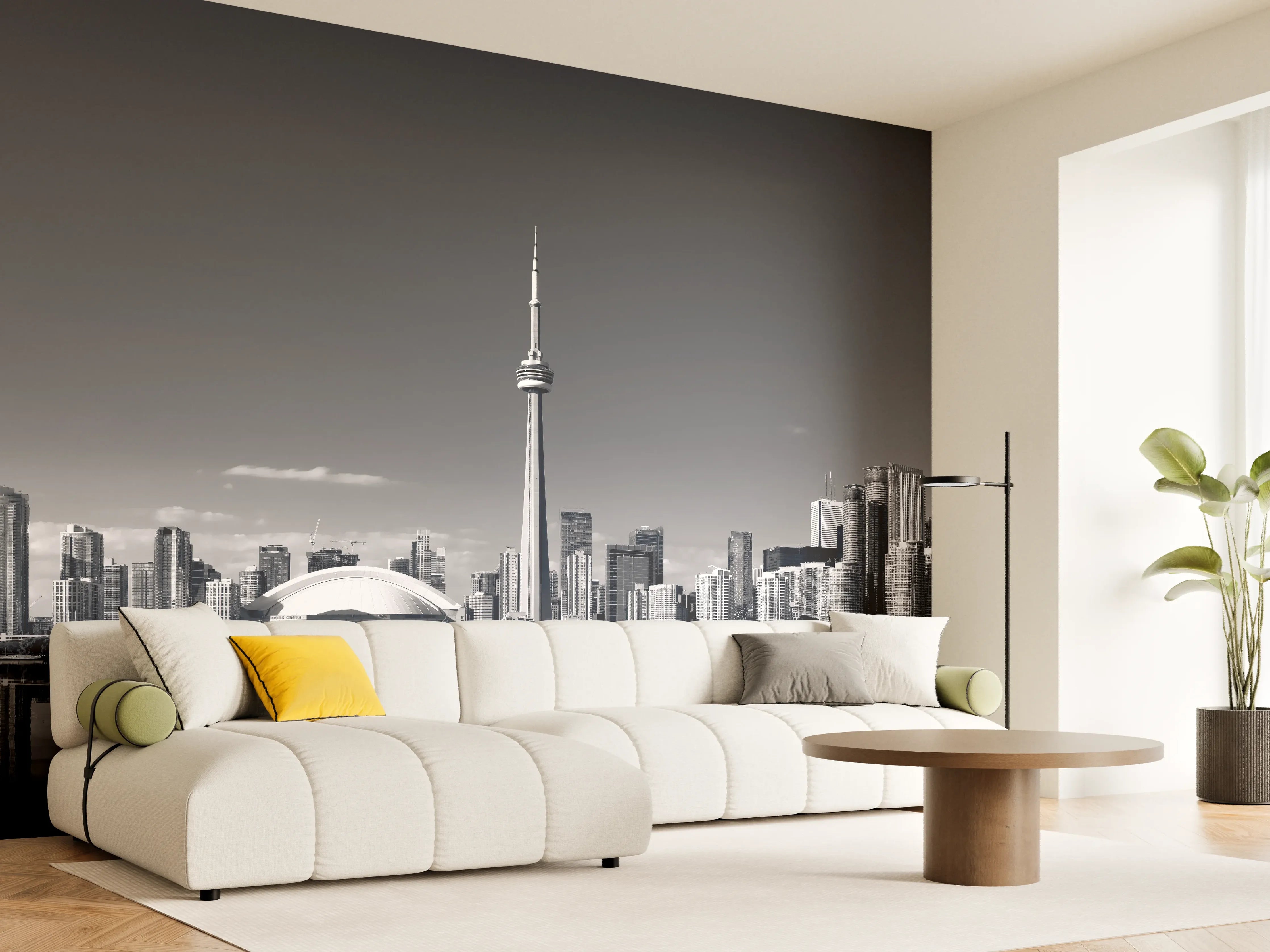 Wandverkleidung Wohnzimmer - Städtisches Skyline-Motiv in Schwarz-Weiß