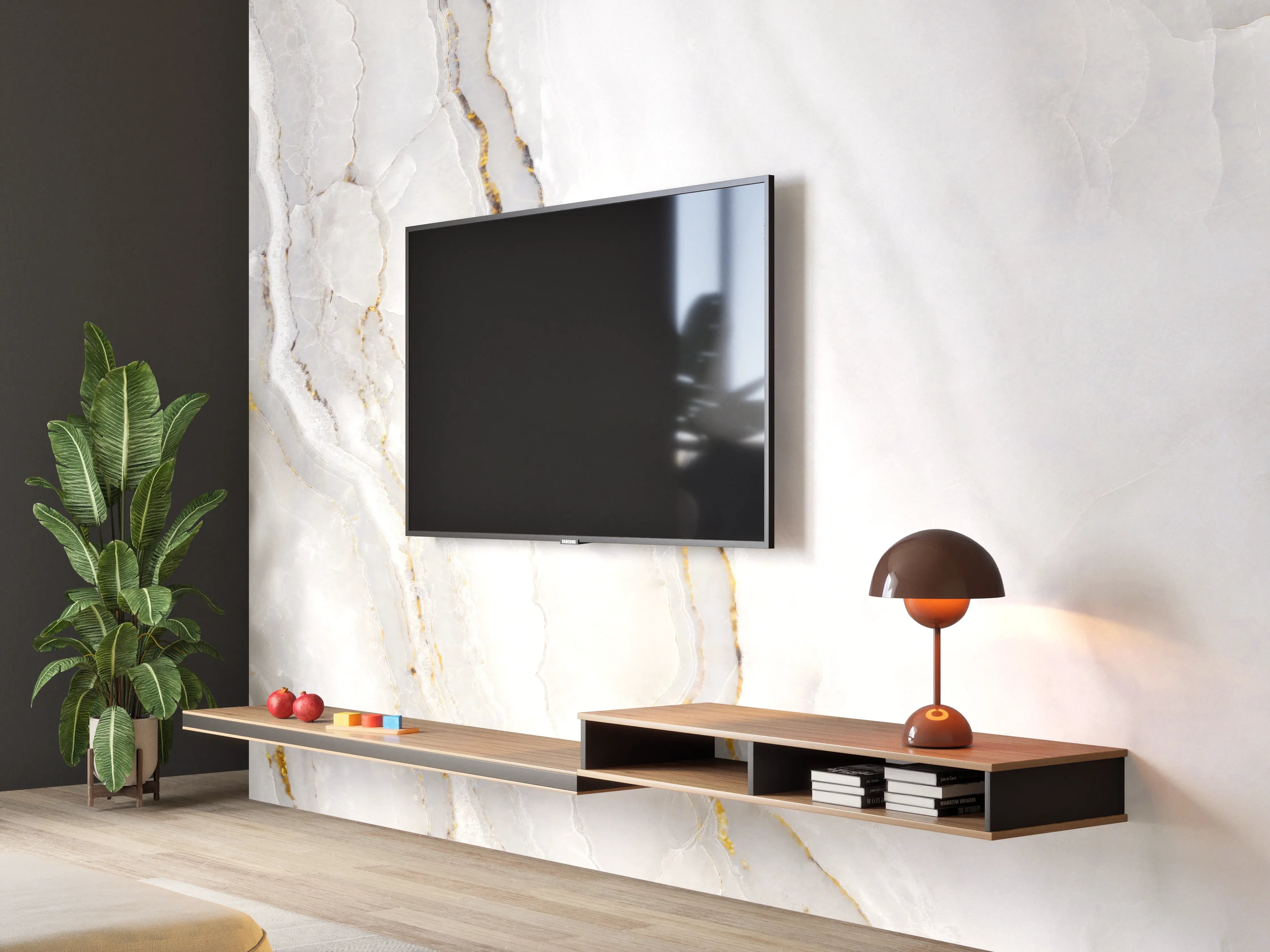 Wandverkleidung Wohnzimmer - Statuario Marmor mit goldenen Akzenten