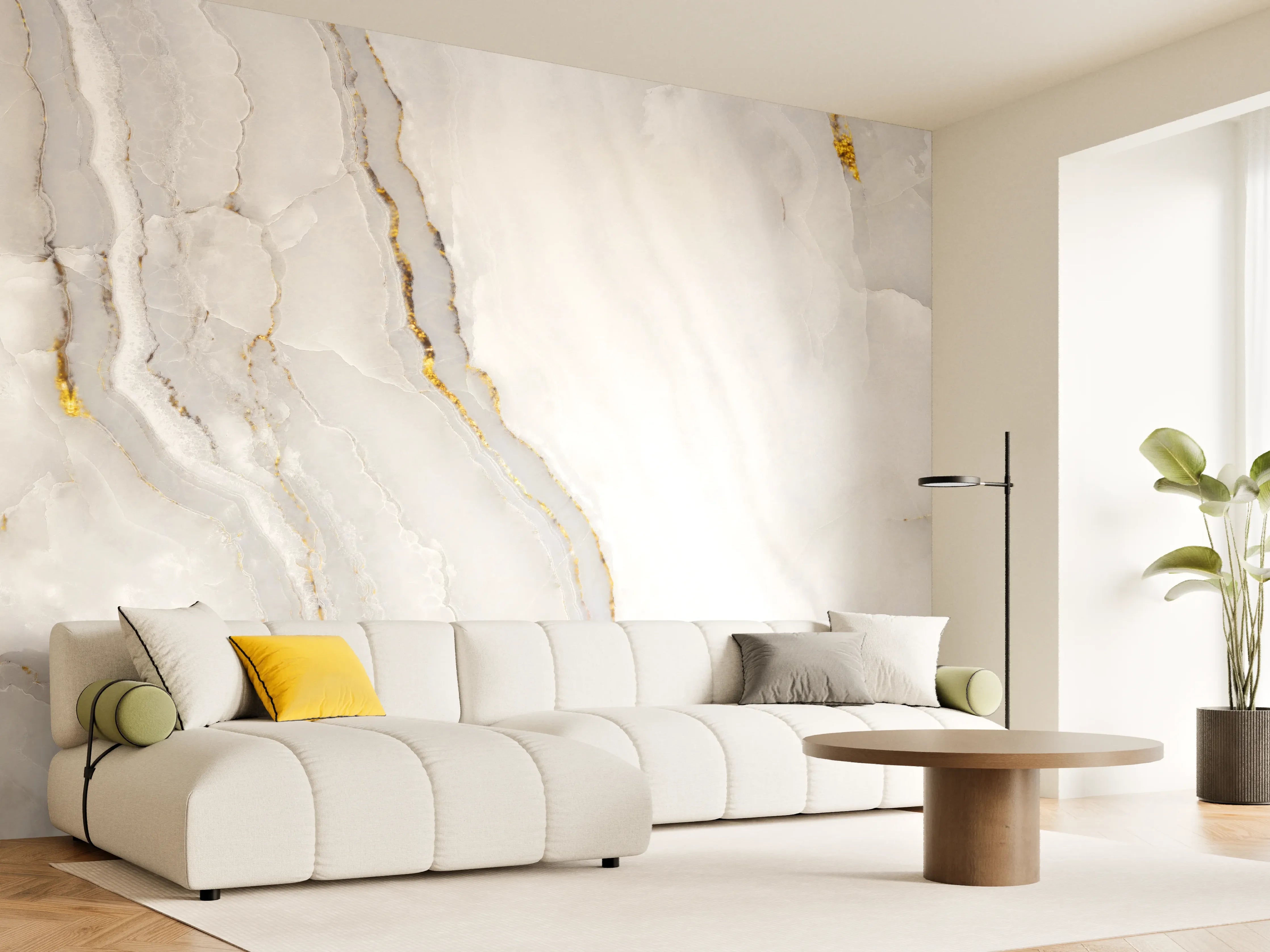 Wandverkleidung Wohnzimmer - Statuario Marmor mit goldenen Akzenten