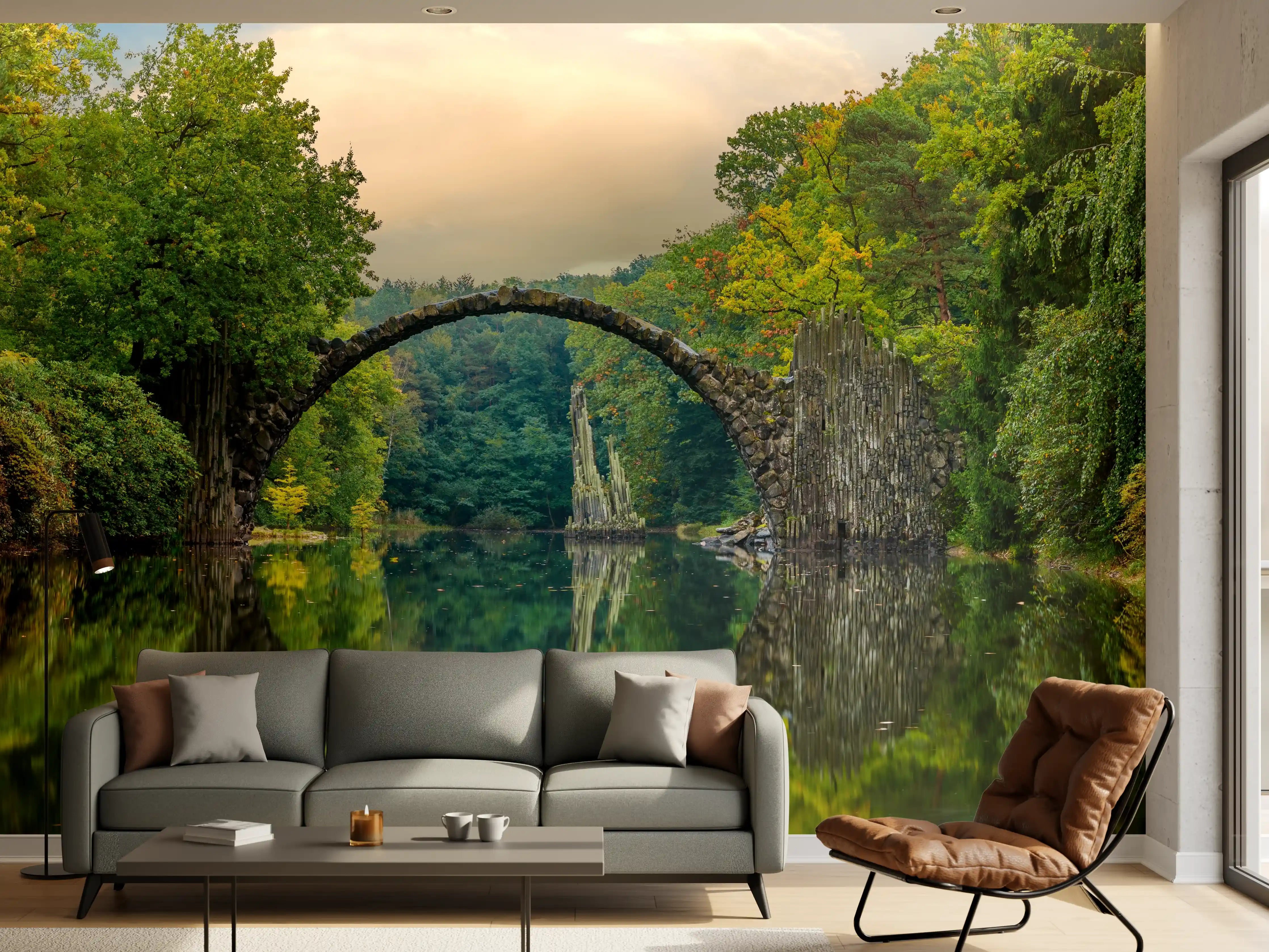Wandverkleidung Wohnzimmer - Steinbrücke über Fluss im Wald