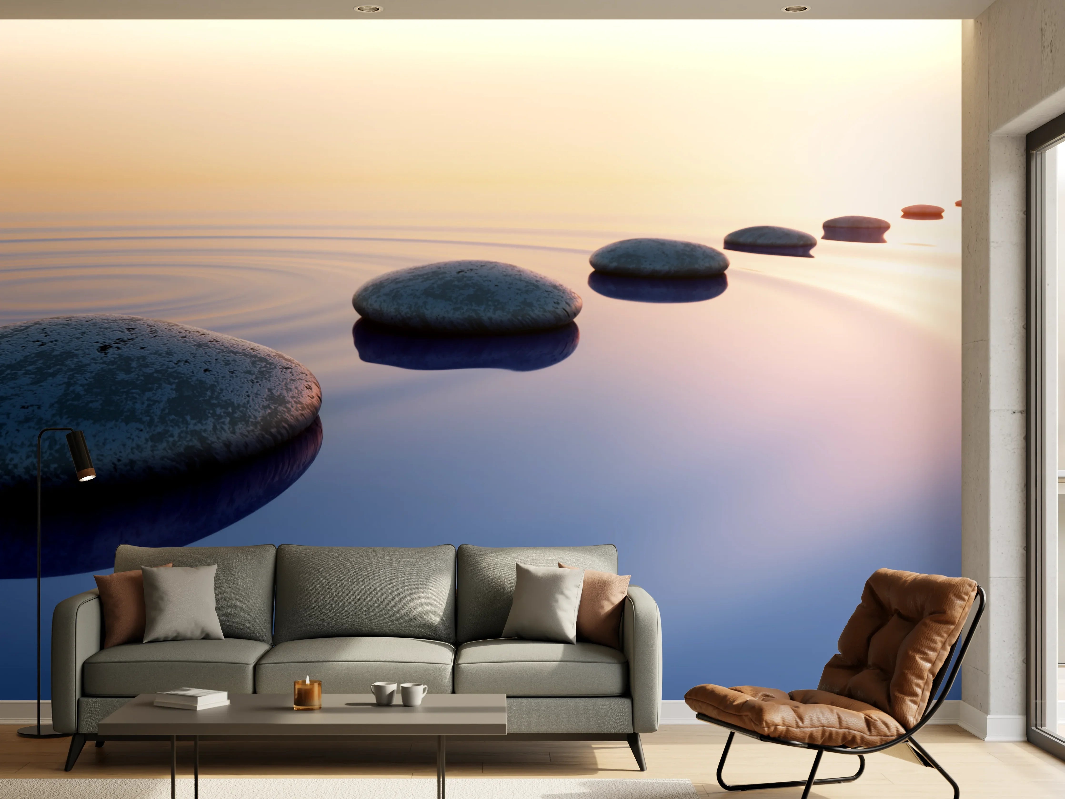 Wandverkleidung Wohnzimmer - Steine im See bei Sonnenaufgang