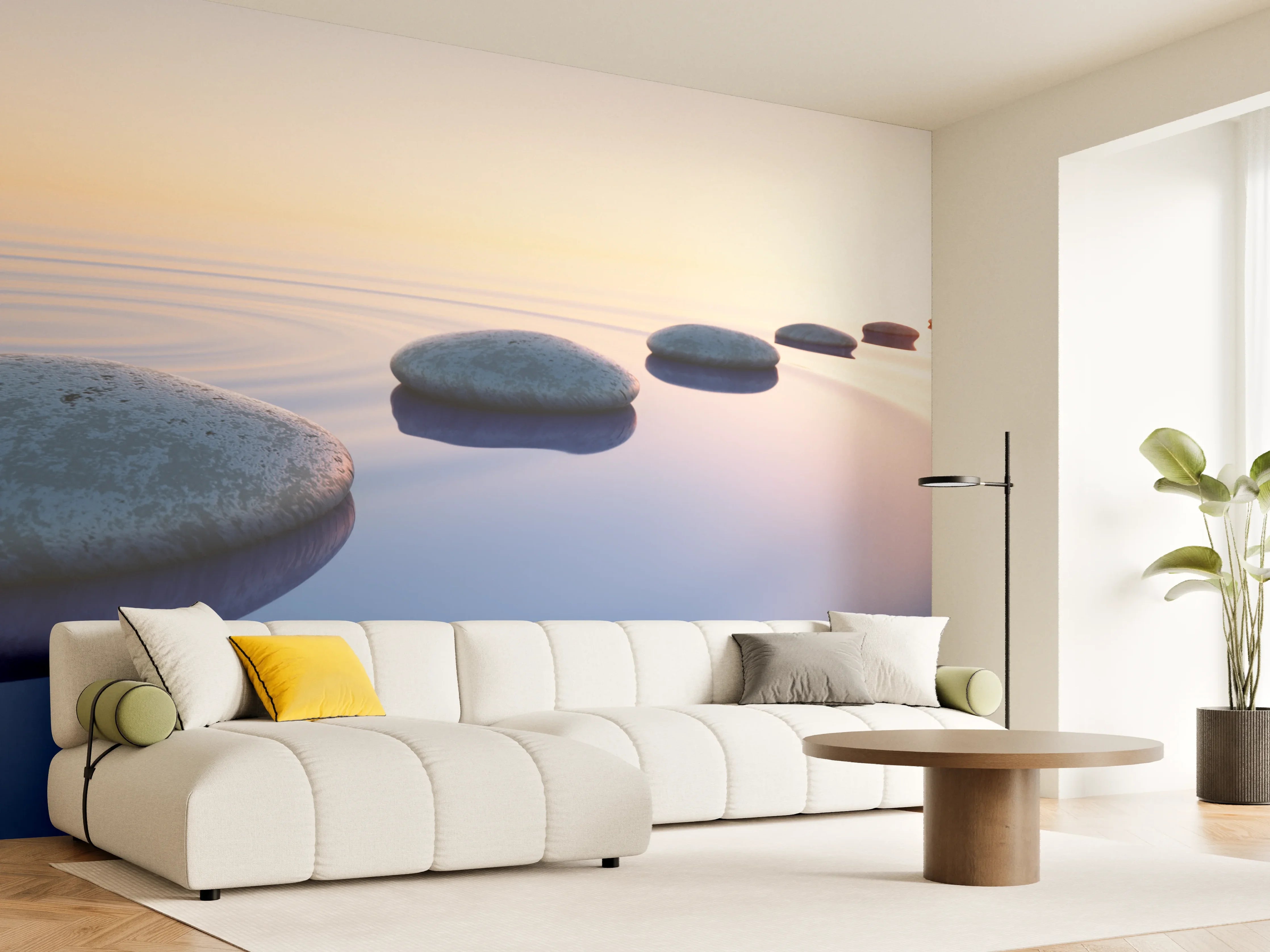 Wandverkleidung Wohnzimmer - Steine im See bei Sonnenaufgang