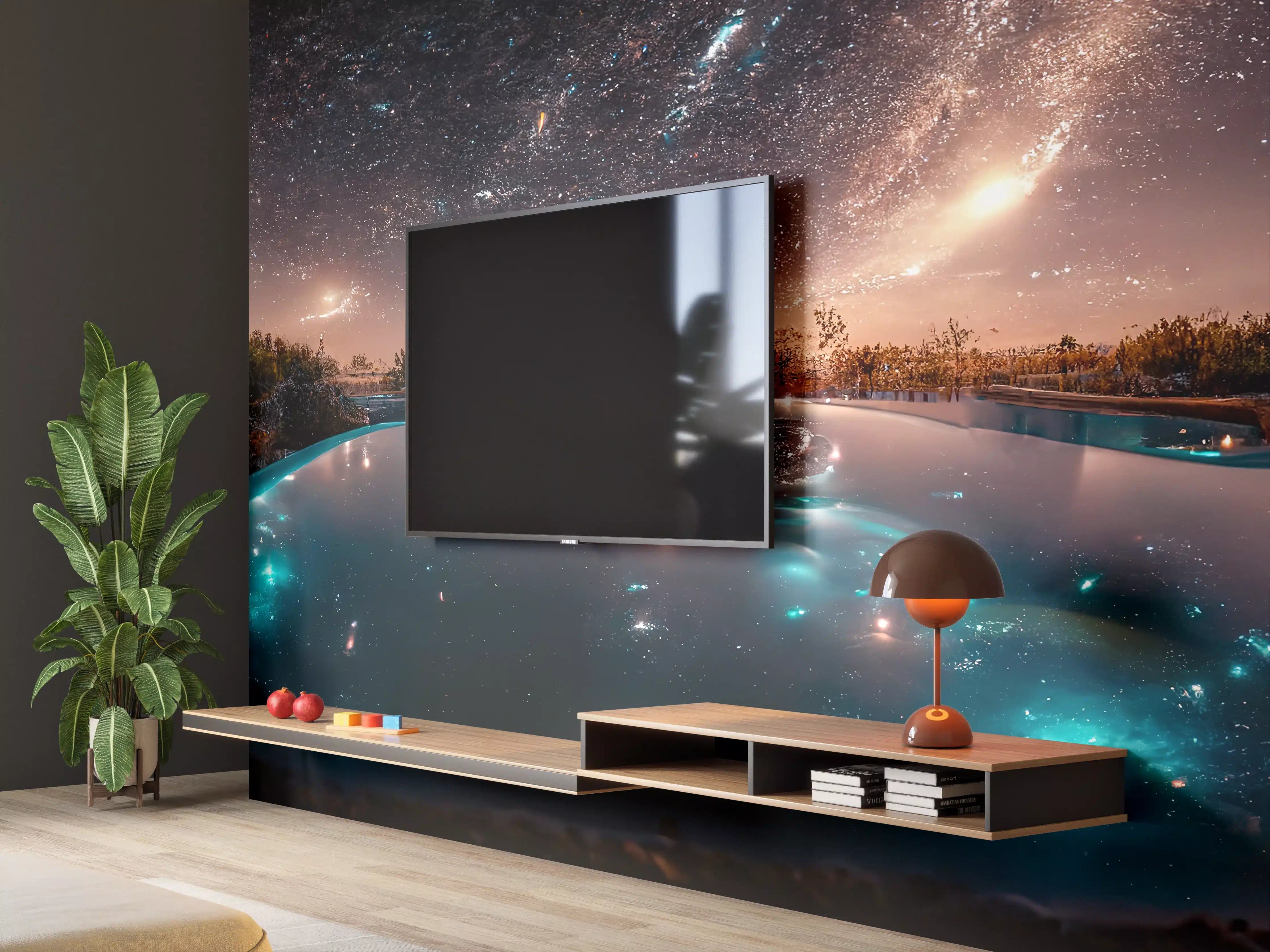 Wandverkleidung Wohnzimmer - Sternenhimmel über geheimnisvollem Pool