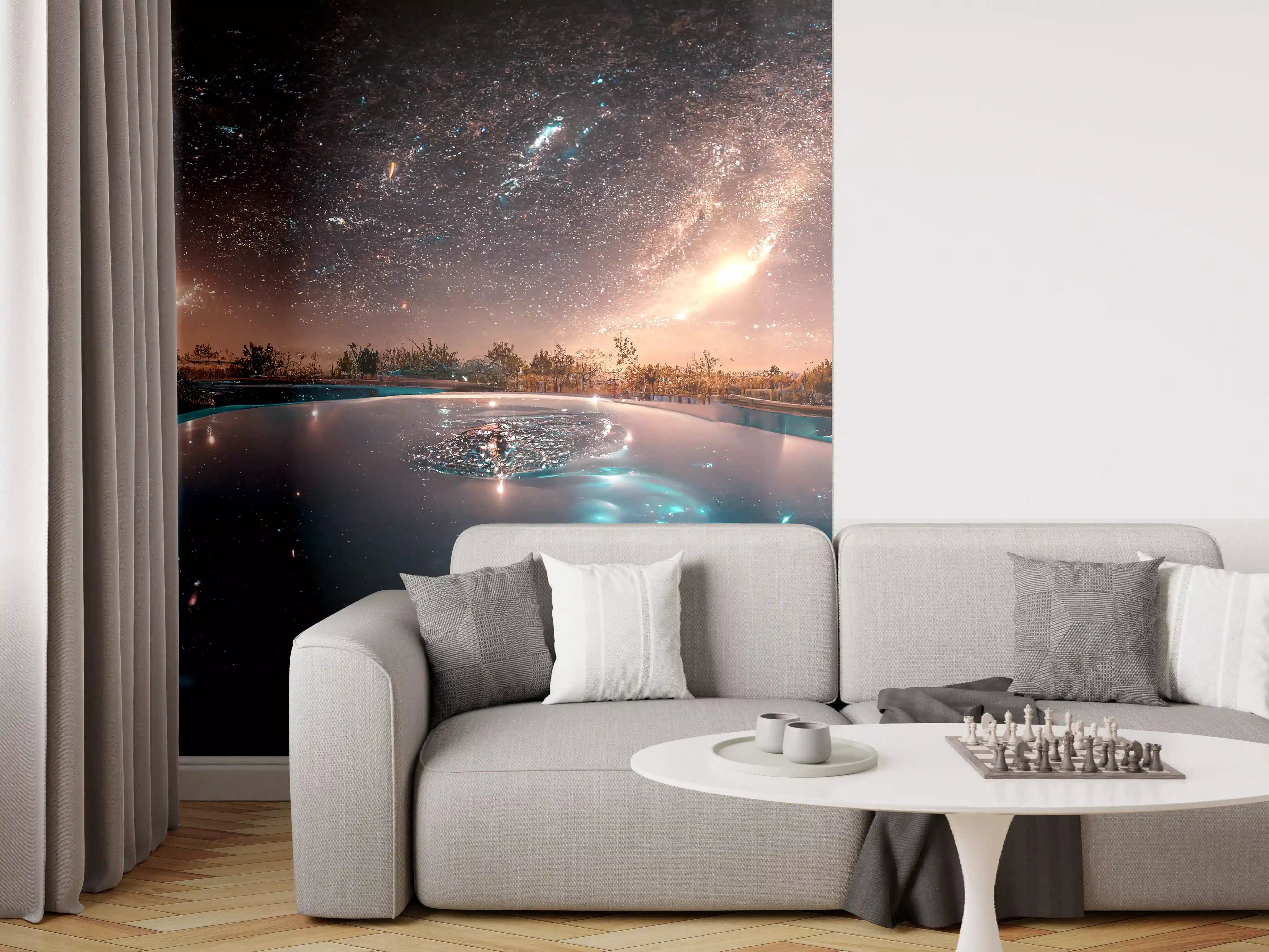 Wandverkleidung Wohnzimmer - Sternenhimmel über geheimnisvollem Pool