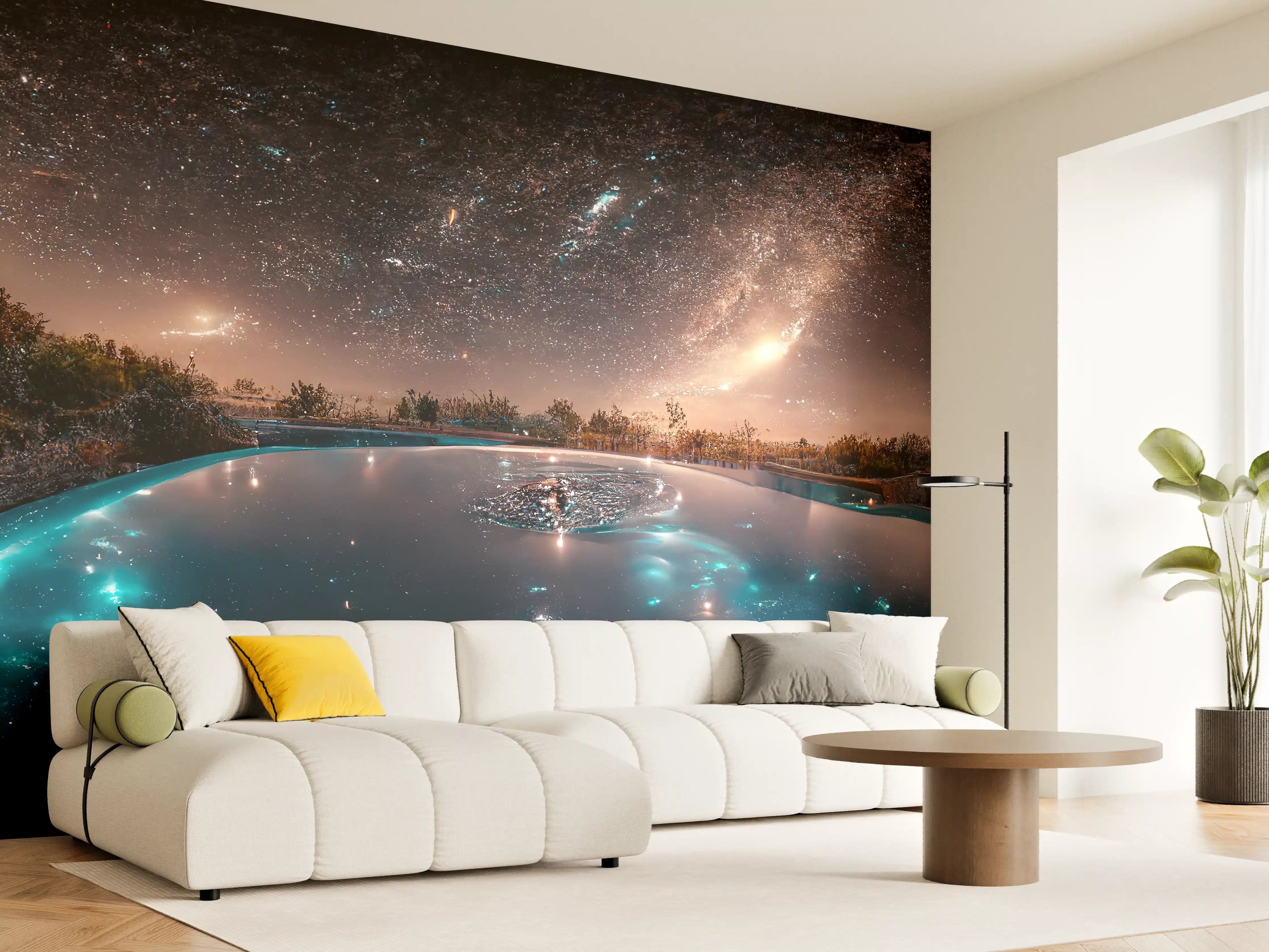 Wandverkleidung Wohnzimmer - Sternenhimmel über geheimnisvollem Pool