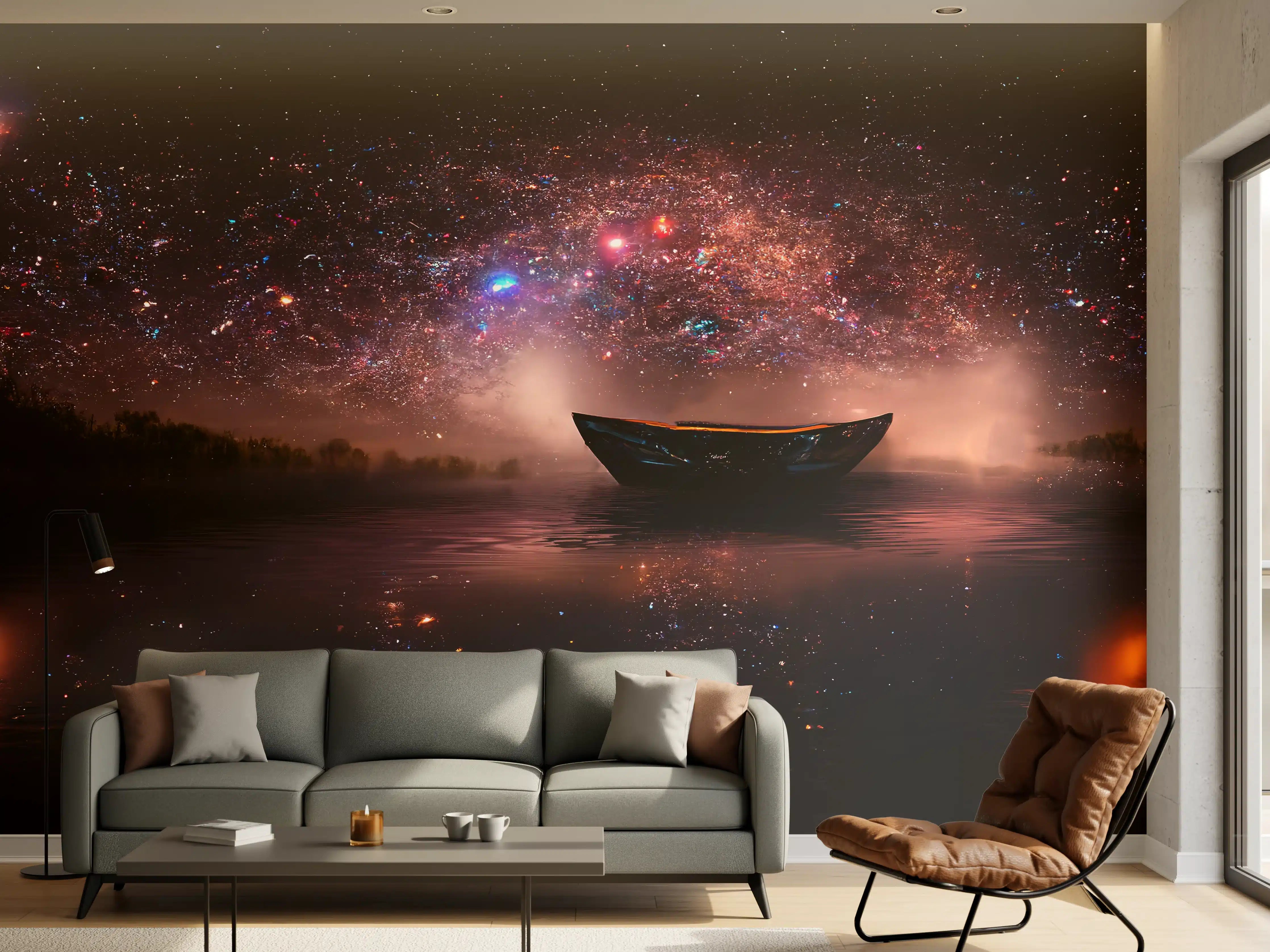 Wandverkleidung Wohnzimmer - Sternenhimmel über ruhigem Gewässer