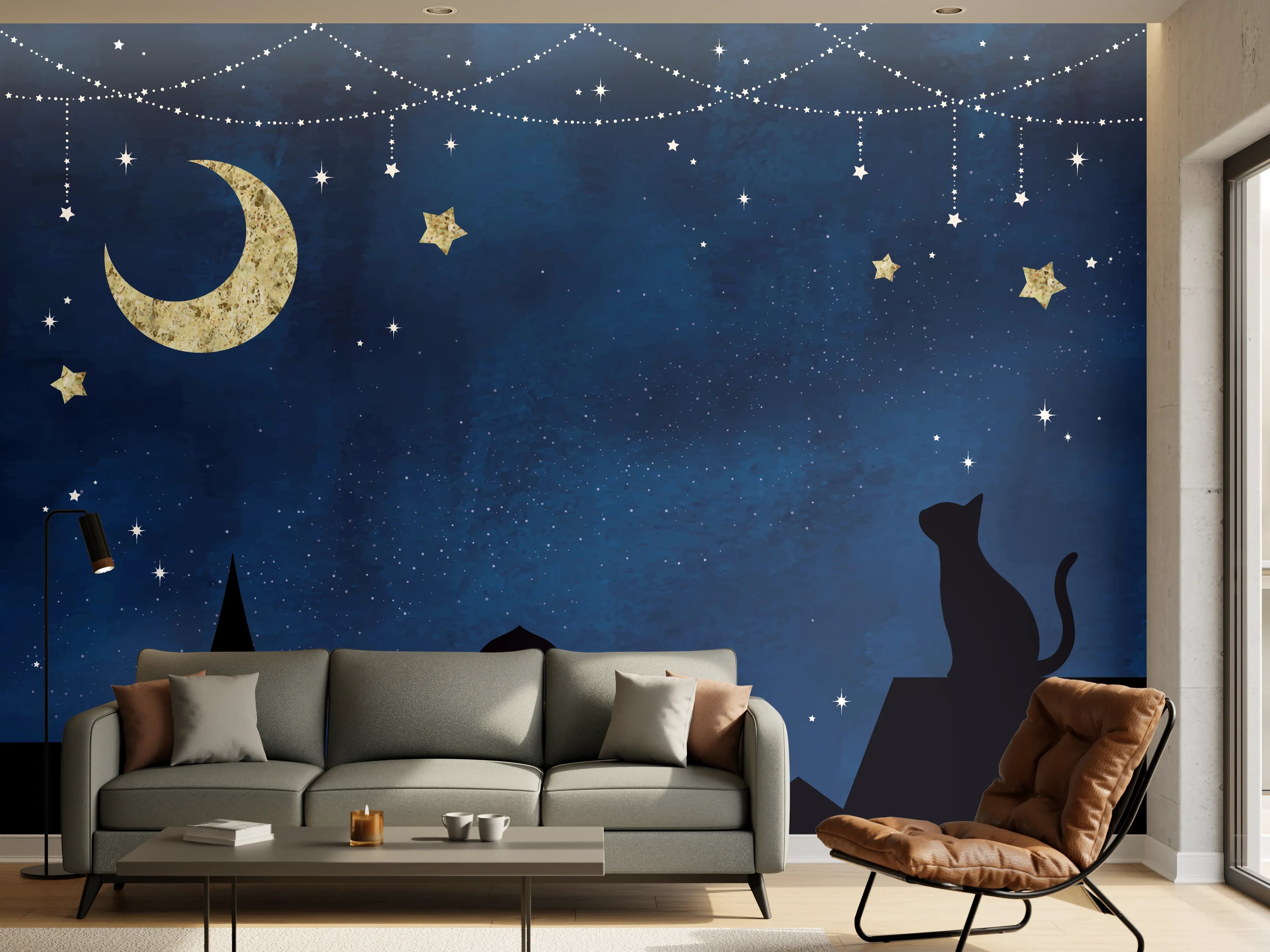 Wandverkleidung Wohnzimmer - Sternennacht Katzen Silhouette