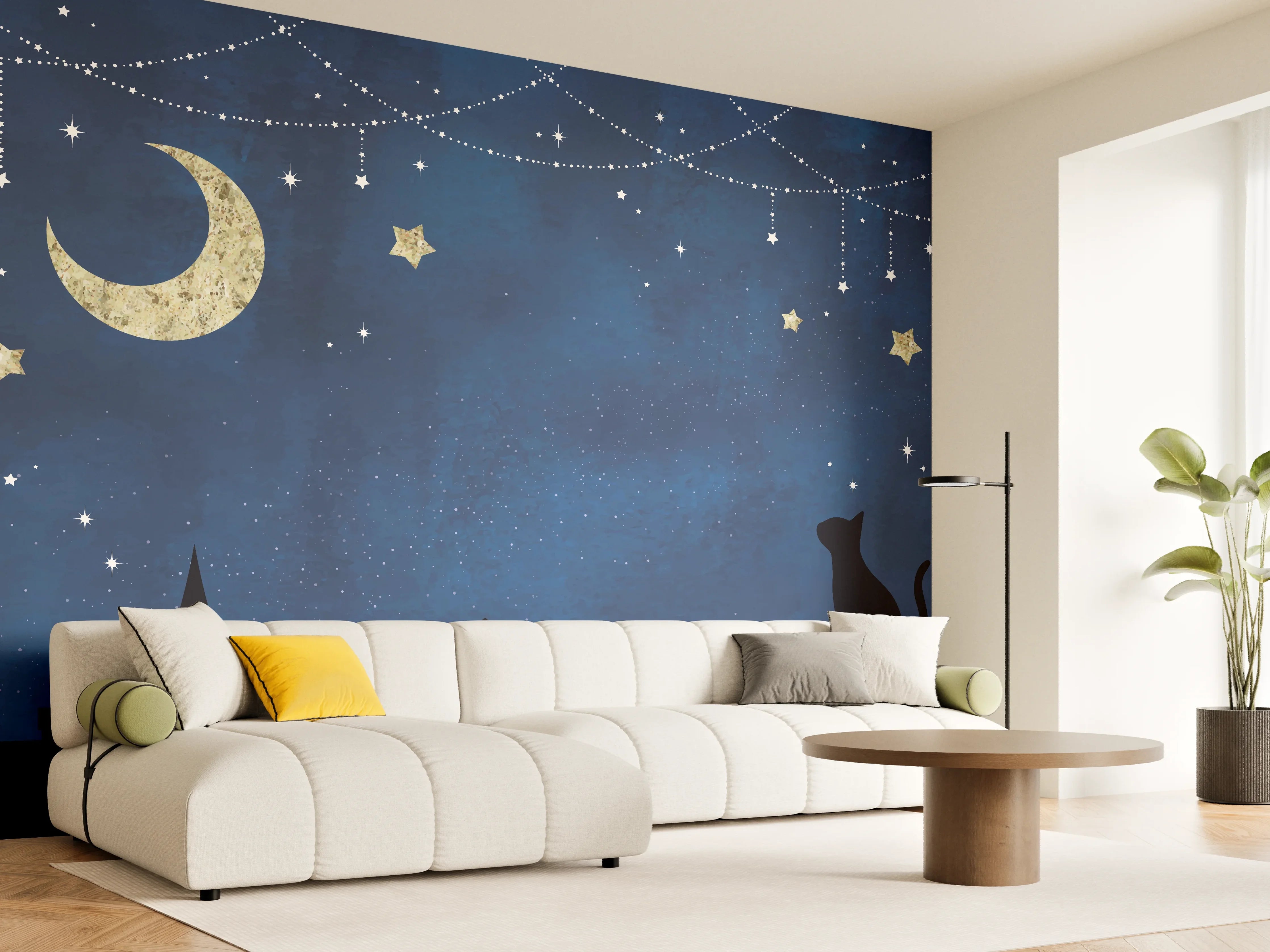 Wandverkleidung Wohnzimmer - Sternennacht Katzen Silhouette