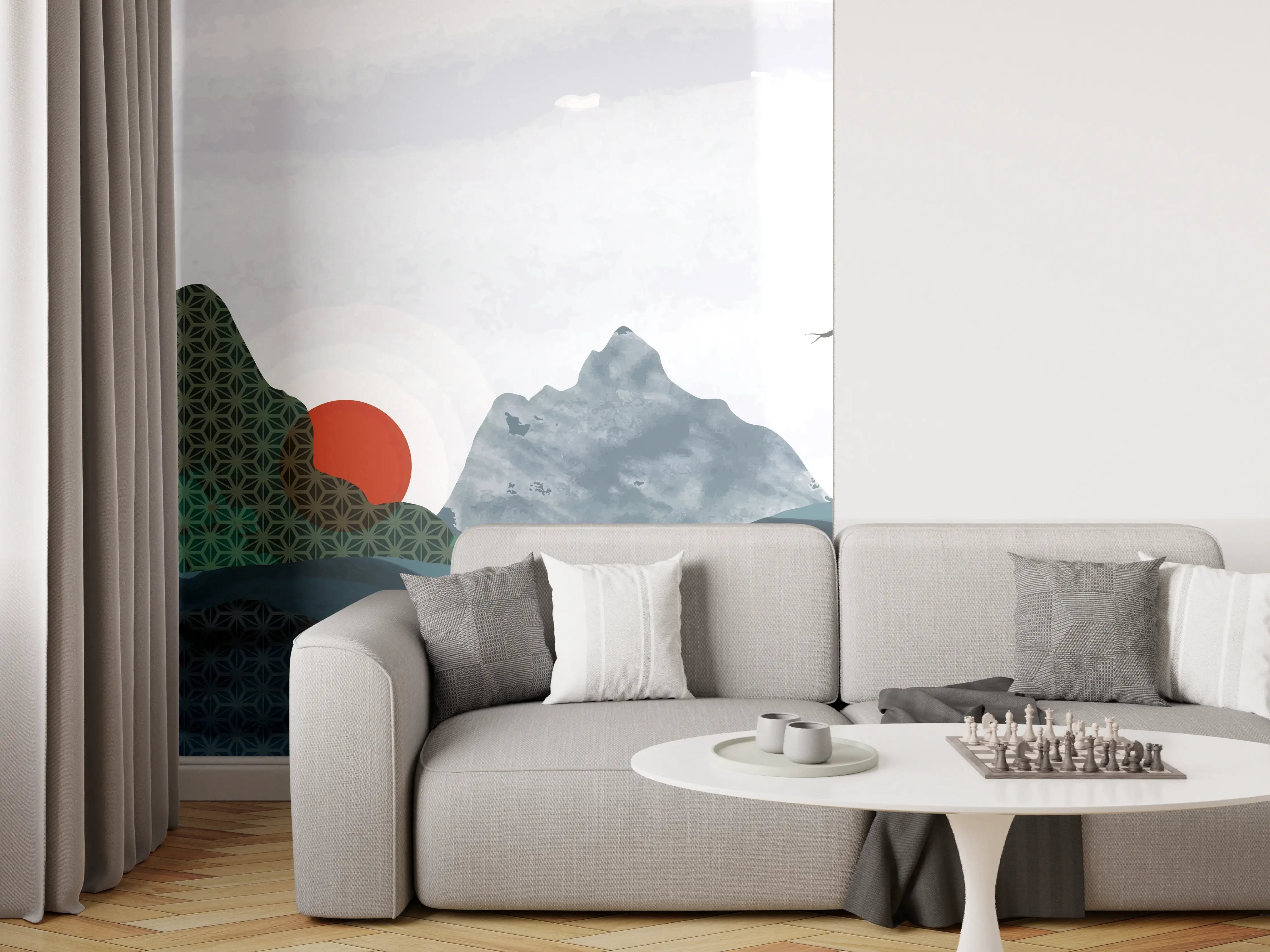 Wandverkleidung Wohnzimmer - Stilvolle Berglandschaft bei Sonnenuntergang