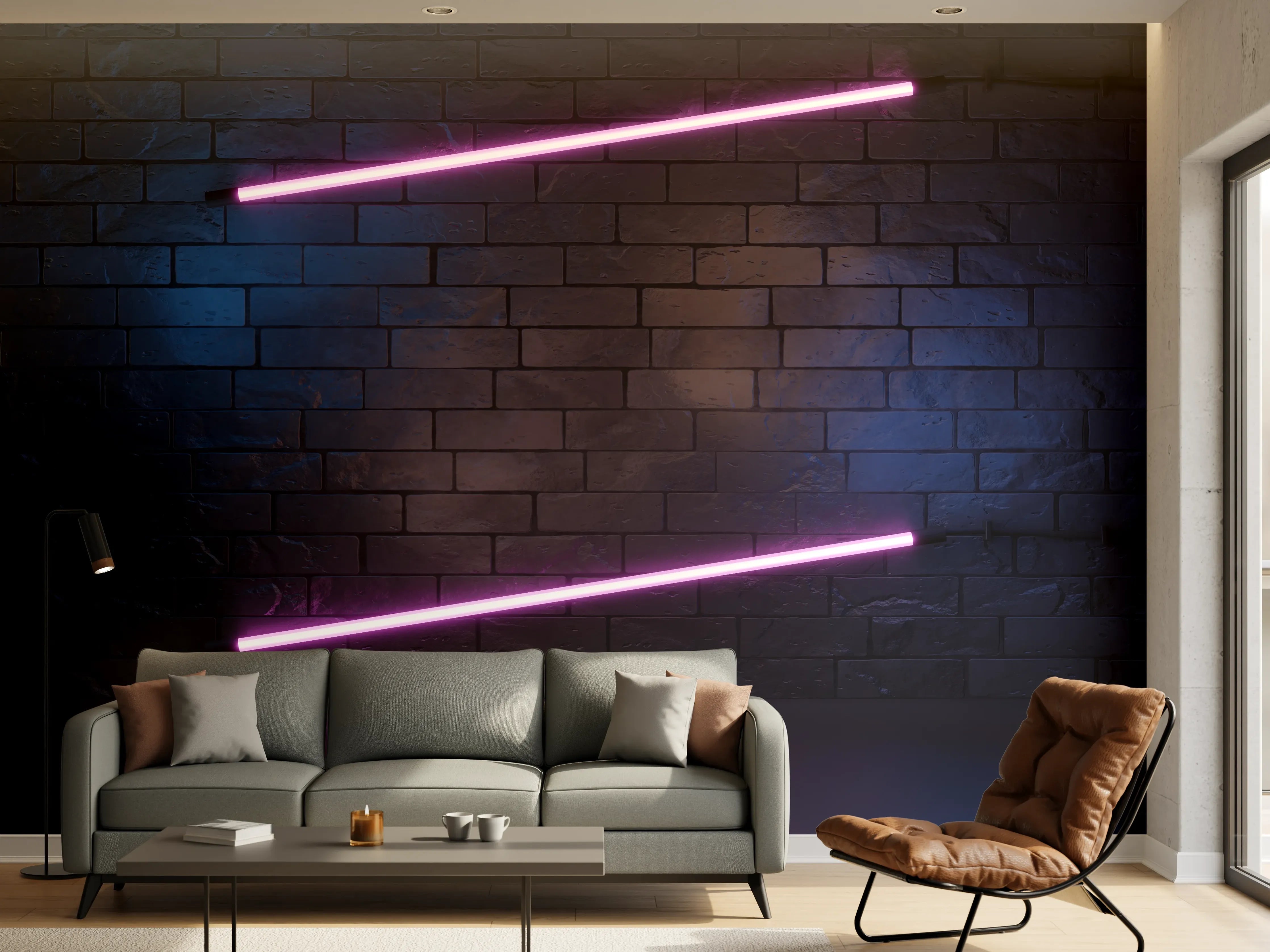 Wandverkleidung Wohnzimmer - Stilvoller moderner lila Neonlichtrahmen