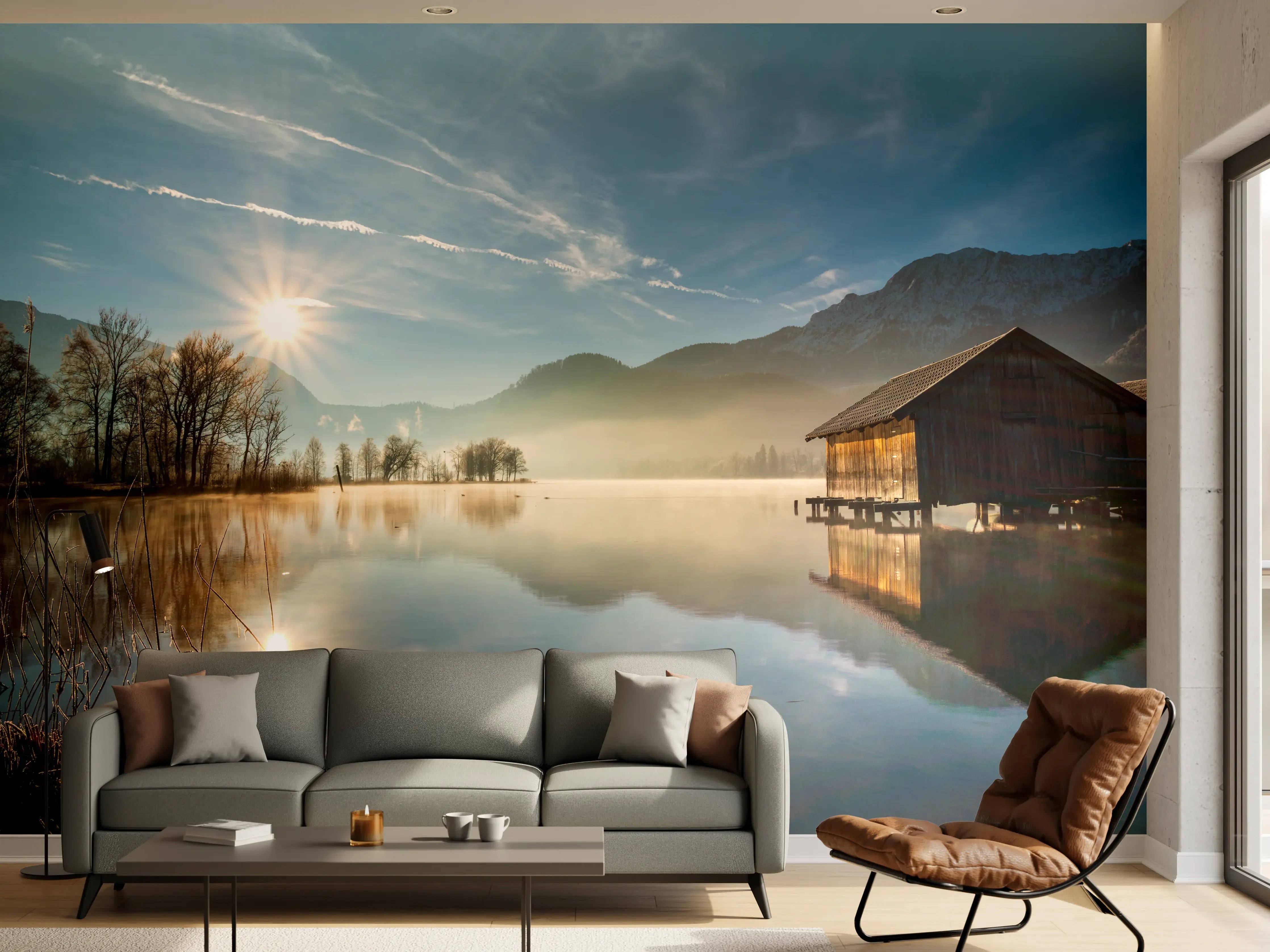 Wandverkleidung Wohnzimmer - Stimmungsvolle Bergsee-Landschaft bei Sonnenaufgang