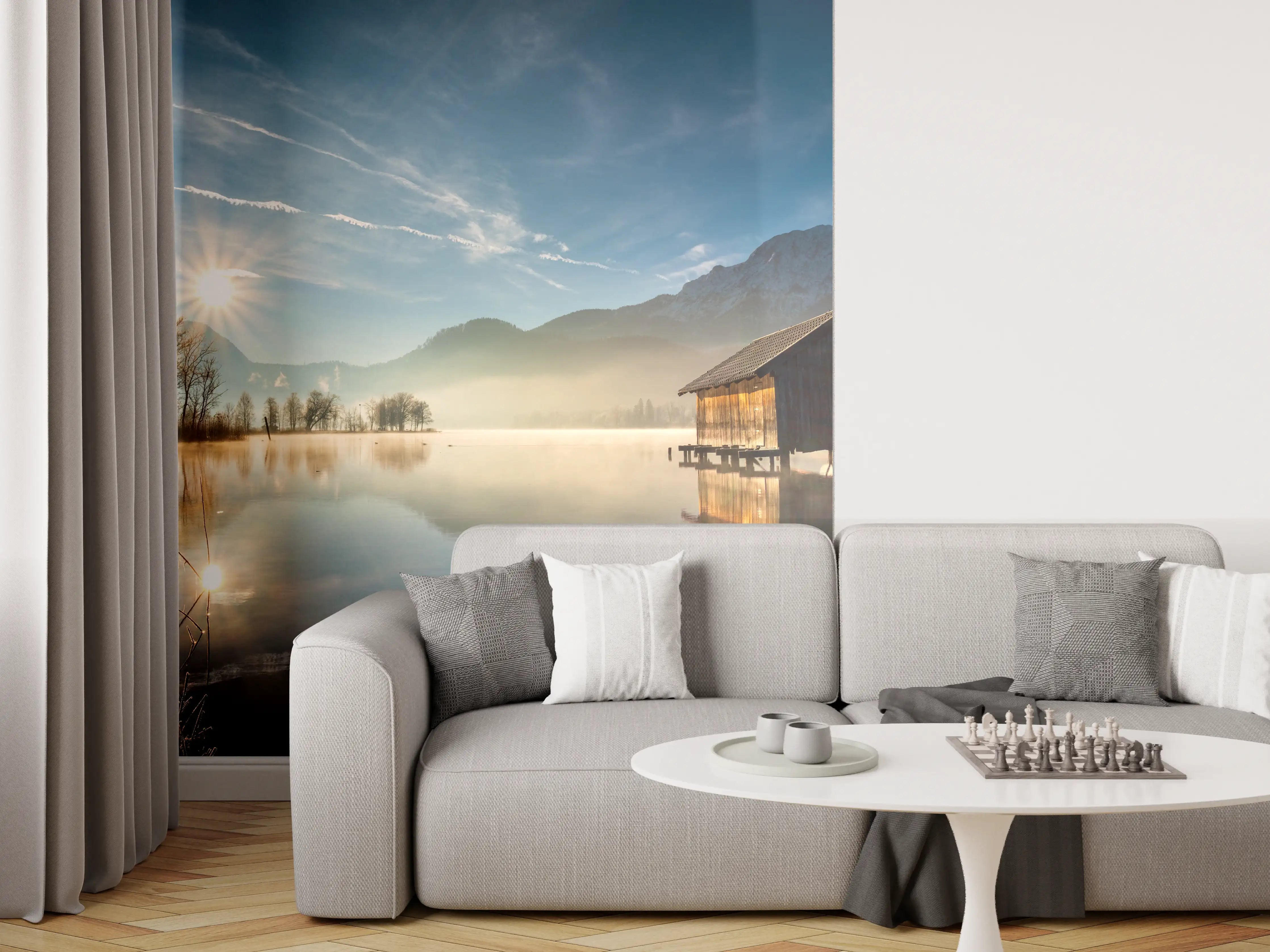 Wandverkleidung Wohnzimmer - Stimmungsvolle Bergsee-Landschaft bei Sonnenaufgang