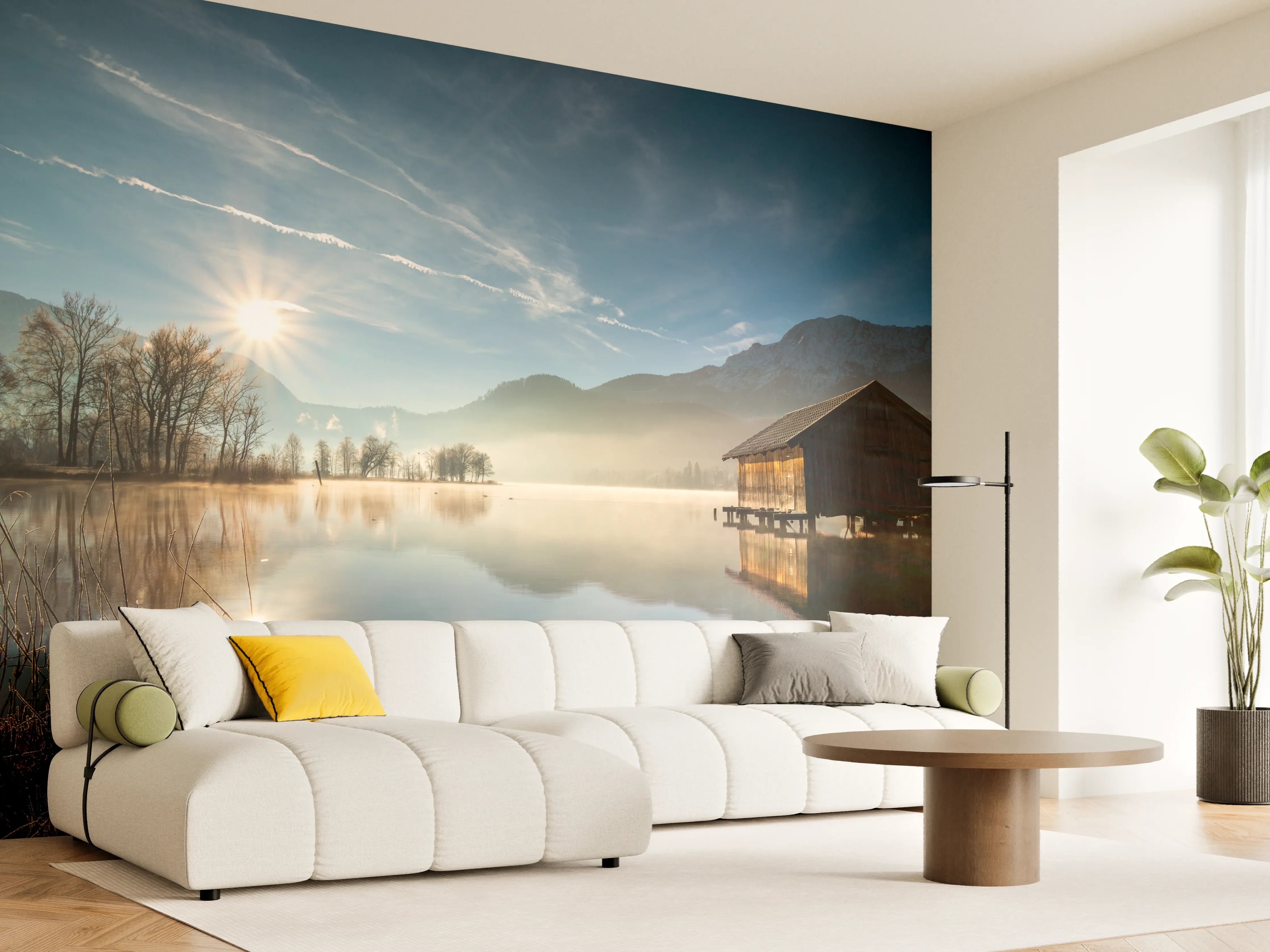 Wandverkleidung Wohnzimmer - Stimmungsvolle Bergsee-Landschaft bei Sonnenaufgang