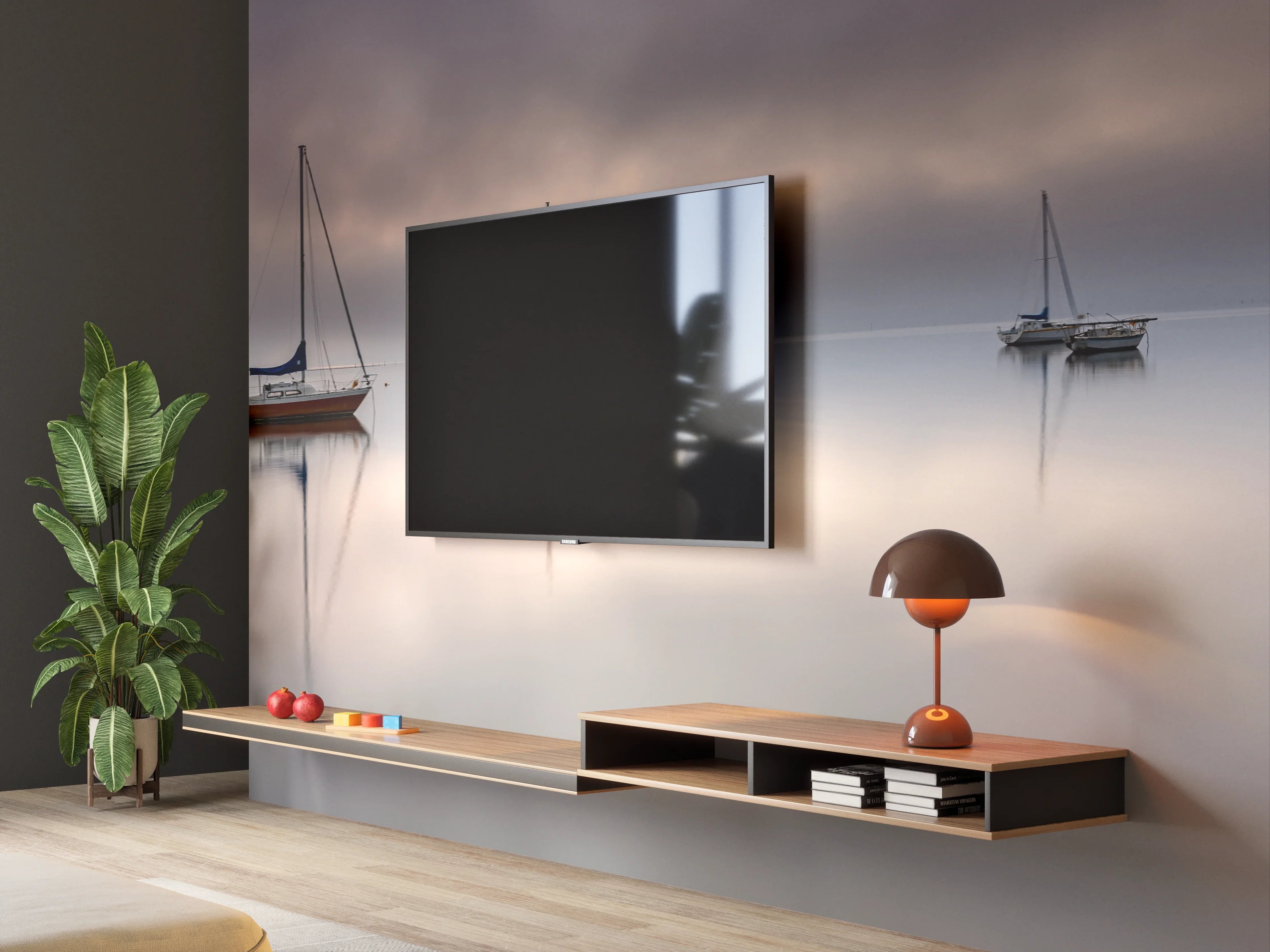 Wandverkleidung Wohnzimmer - Stimmungsvolle Segelboote bei Nebel
