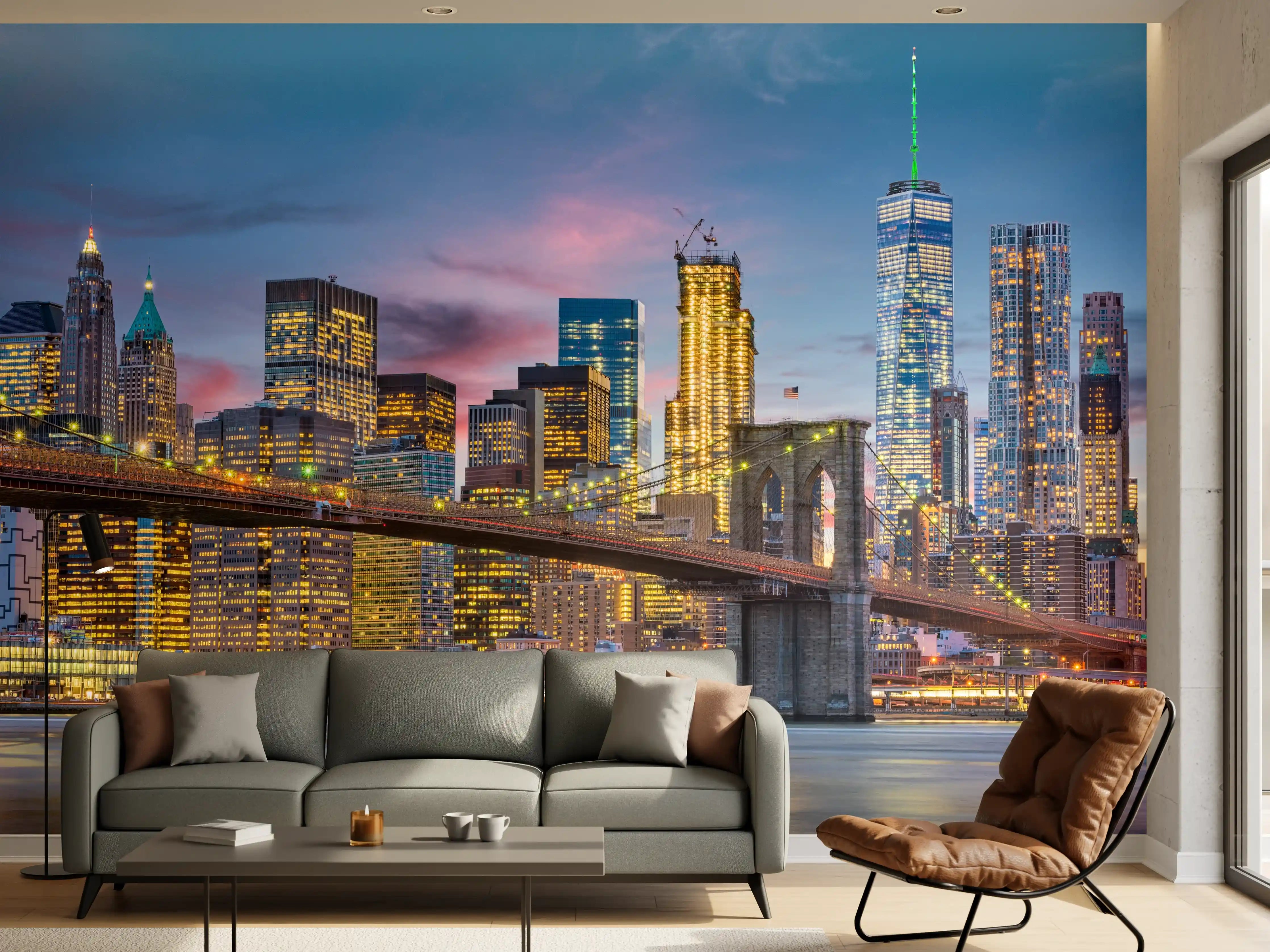 Wandverkleidung Wohnzimmer - Stimmungsvolle Skyline bei Sonnenuntergang