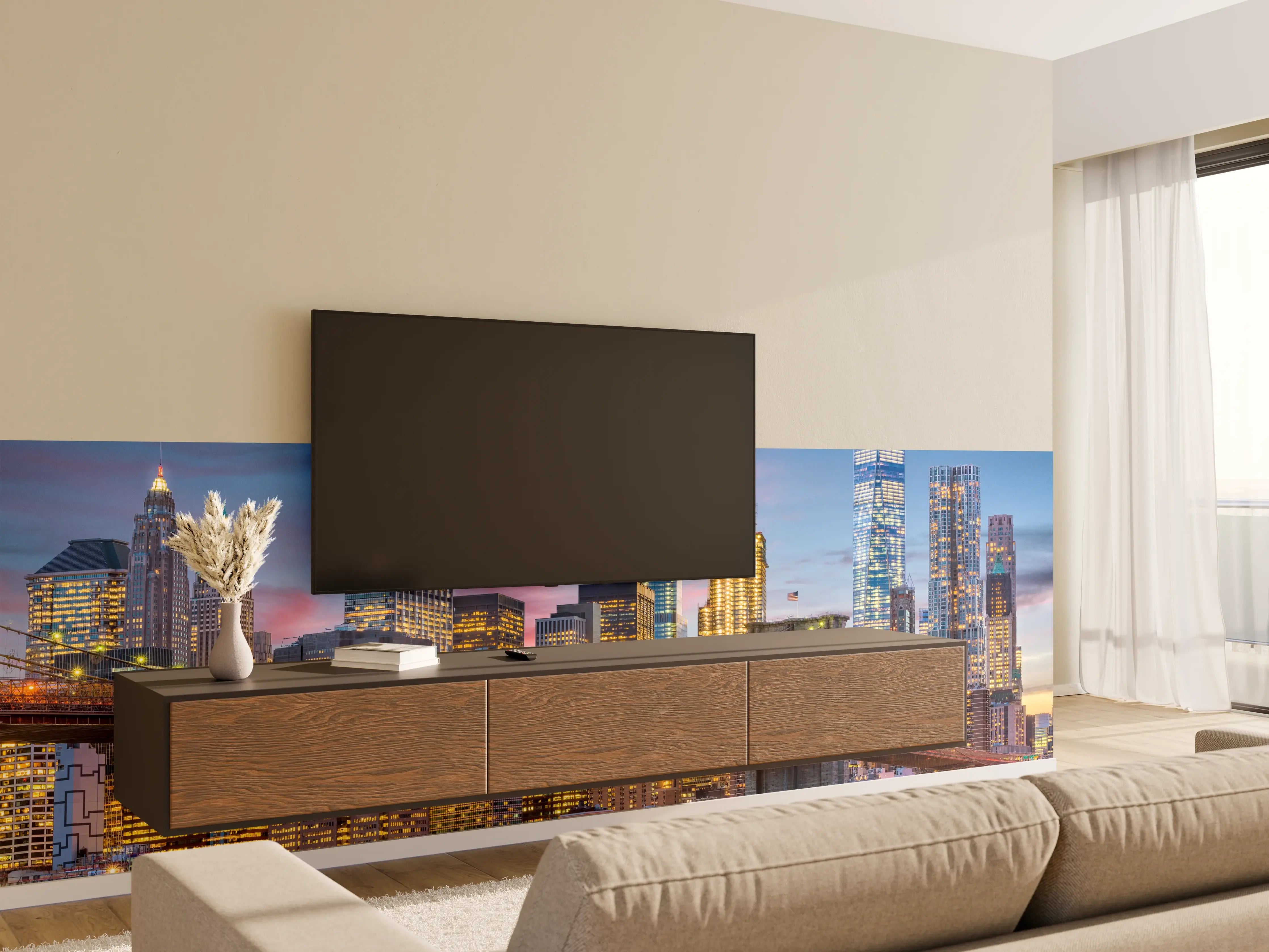 Wandverkleidung Wohnzimmer - Stimmungsvolle Skyline bei Sonnenuntergang
