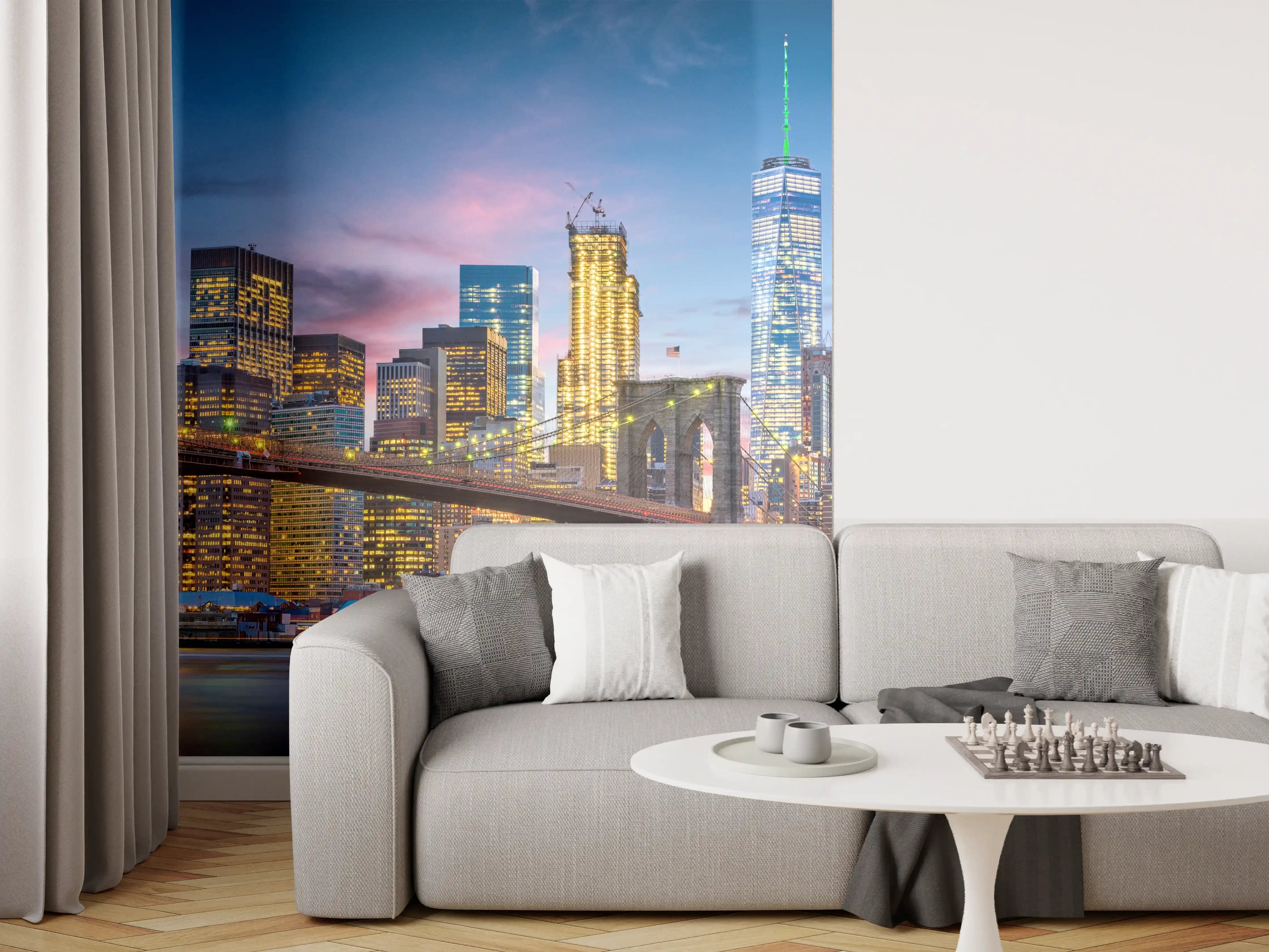 Wandverkleidung Wohnzimmer - Stimmungsvolle Skyline bei Sonnenuntergang